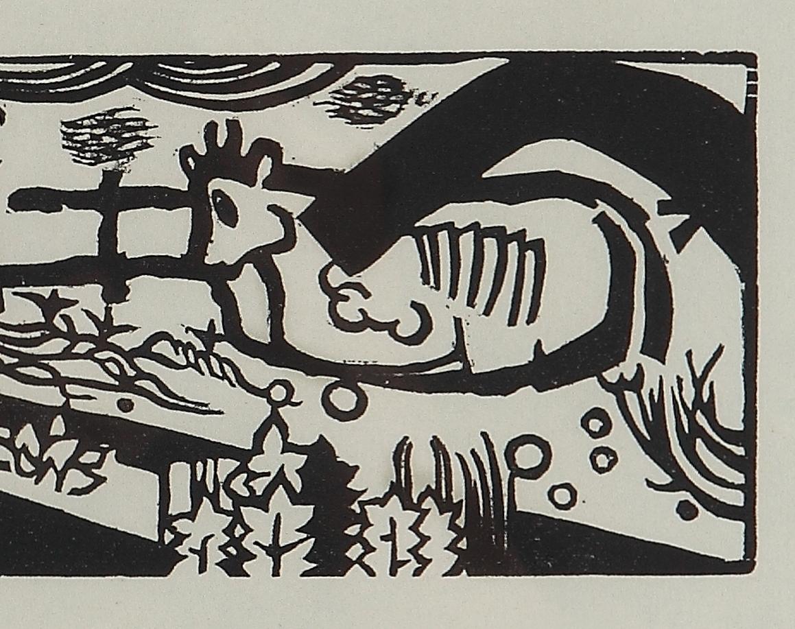 Woodcut on vellum, 1918. Typographic Inscription on the back: Campendonk: Tiere. Holzschnitt. Framed.
Image dimensions: 3.03 x 9.17 in ( 7,7 x 23,3 cm ), Sheet dimensions: 9.06 x 12.6  in ( 24,4 x 32 cm ) 
Catalog raisonné: Engels-Söhn