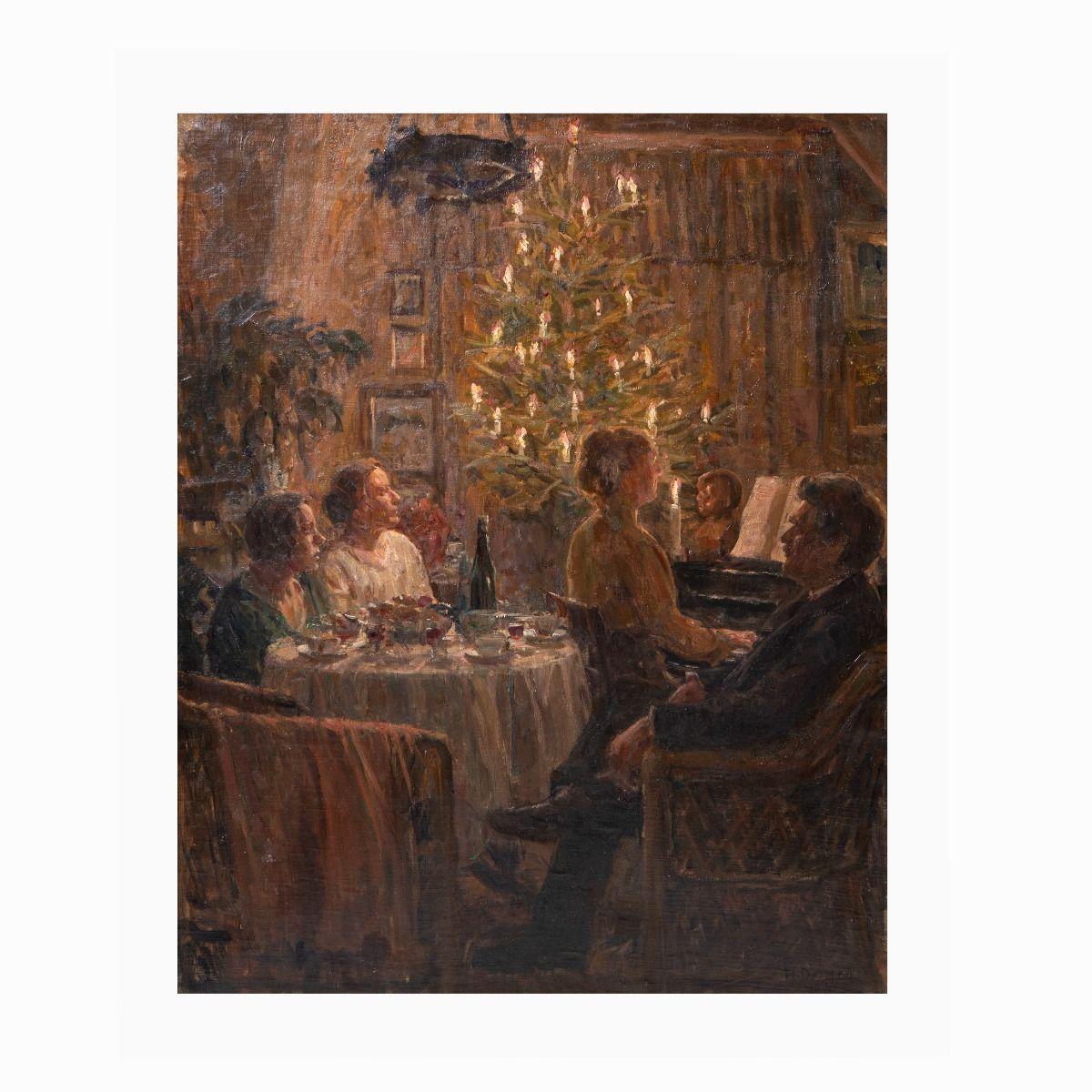 Heinrich August Emil Dohm, 1875-1940
Scène intérieure représentant cinq personnages réunis autour d'une table dressée pour le réveillon de Noël. Une femme joue du piano devant un sapin de Noël illuminé.
Exécuté à l'huile sur toile et présenté dans