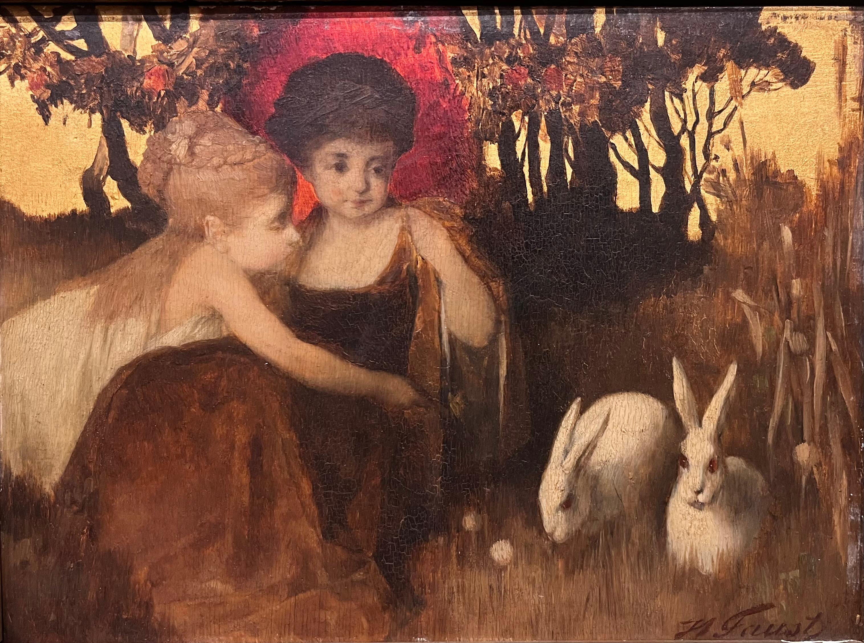 Oil Portrait of Girls with Rabbits - Painting by Heinrich Faust
