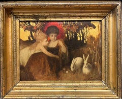 Portrait à l'huile des filles avec lapins