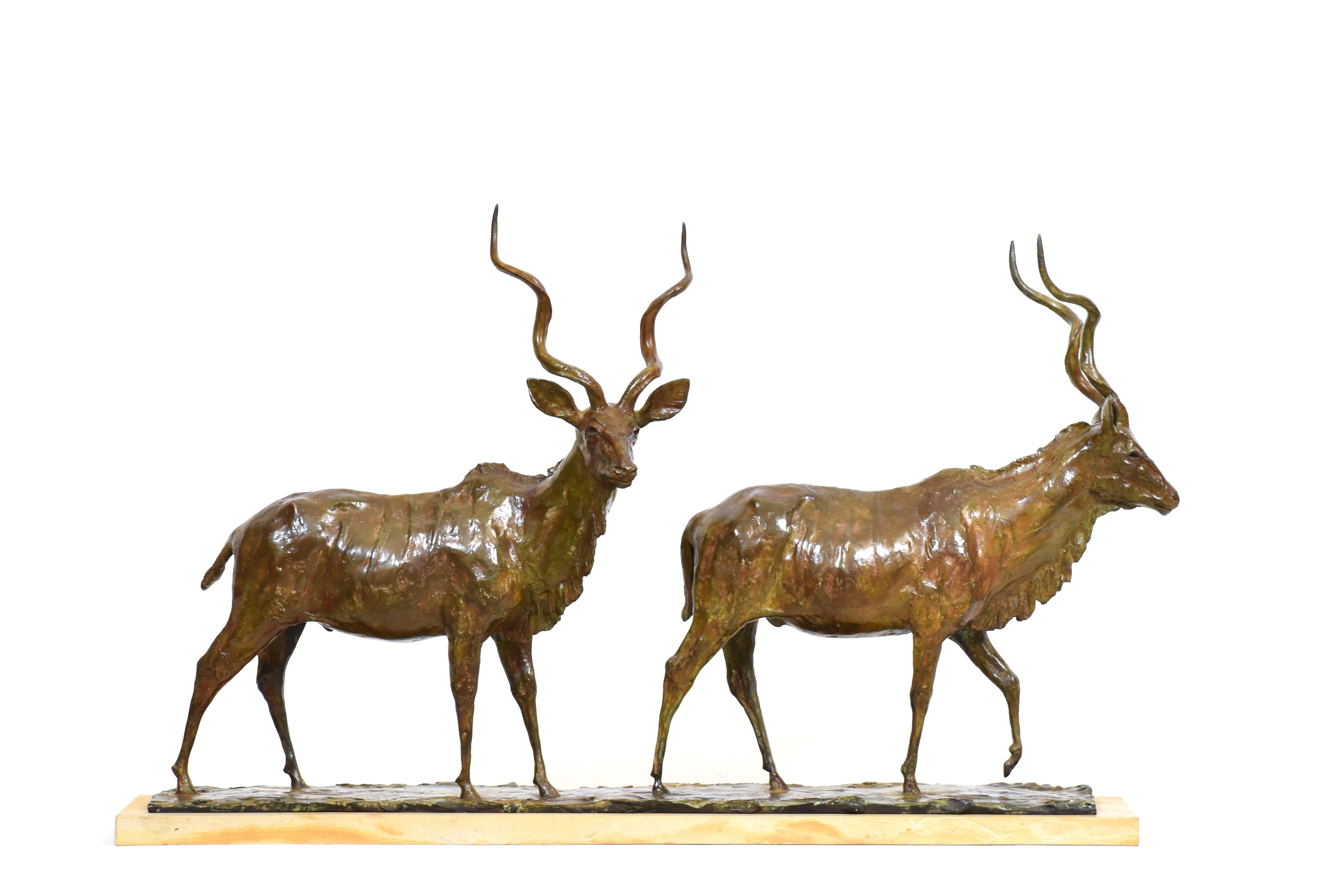 Heinrich Filter Figurative Sculpture - Going to the River - Bronze Kudu Bulls - African Antelope Bronze Sculpture 