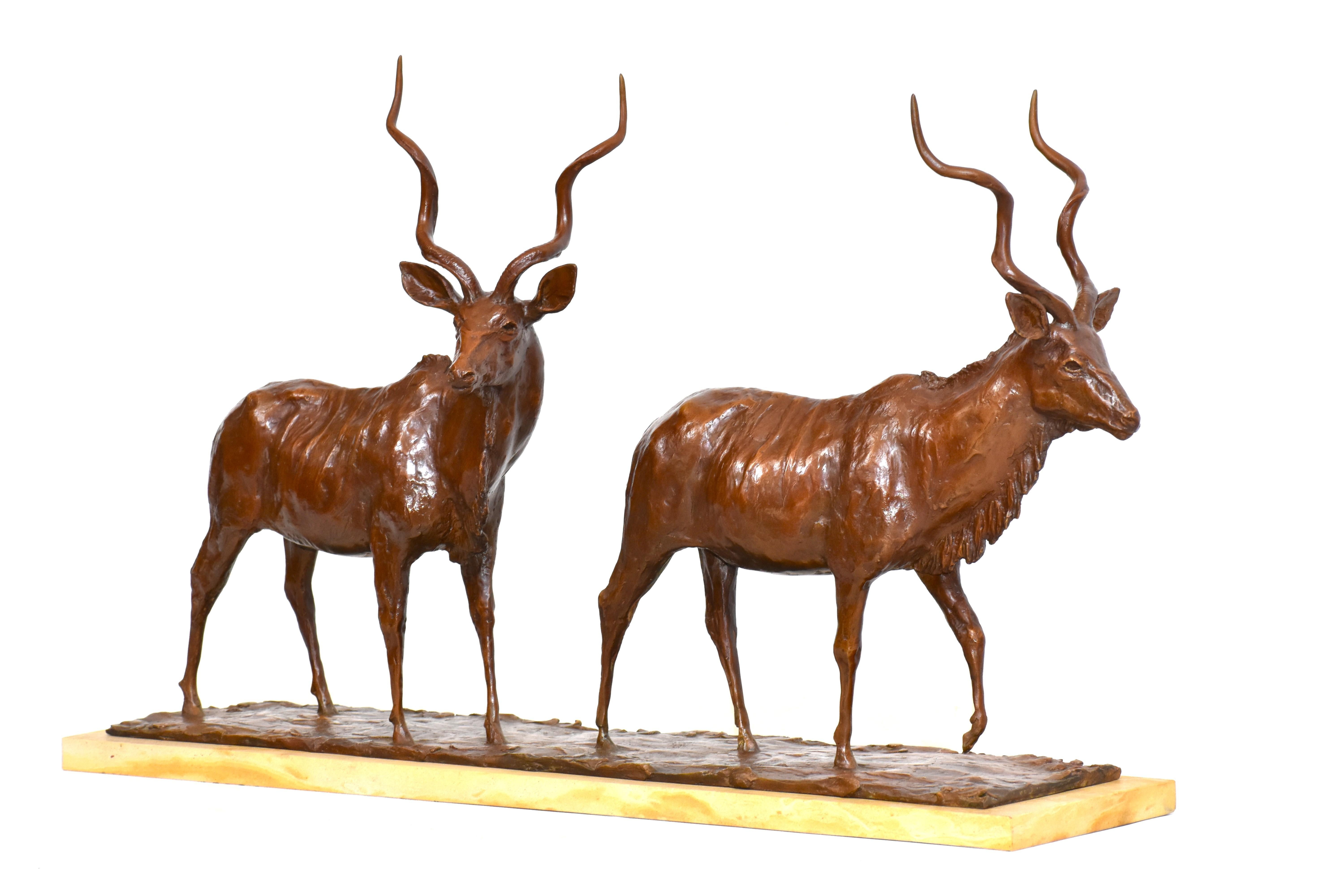 Going to the River - A Journey in Bronze: two Kudu Bulls in cast bronze on Sandstone base. Limited Edition of 12, L 62 cm x H 38 cm x W 20 cm.

Crafted in meticulous detail, this piece features two kudu bulls in stride, each moment captured with