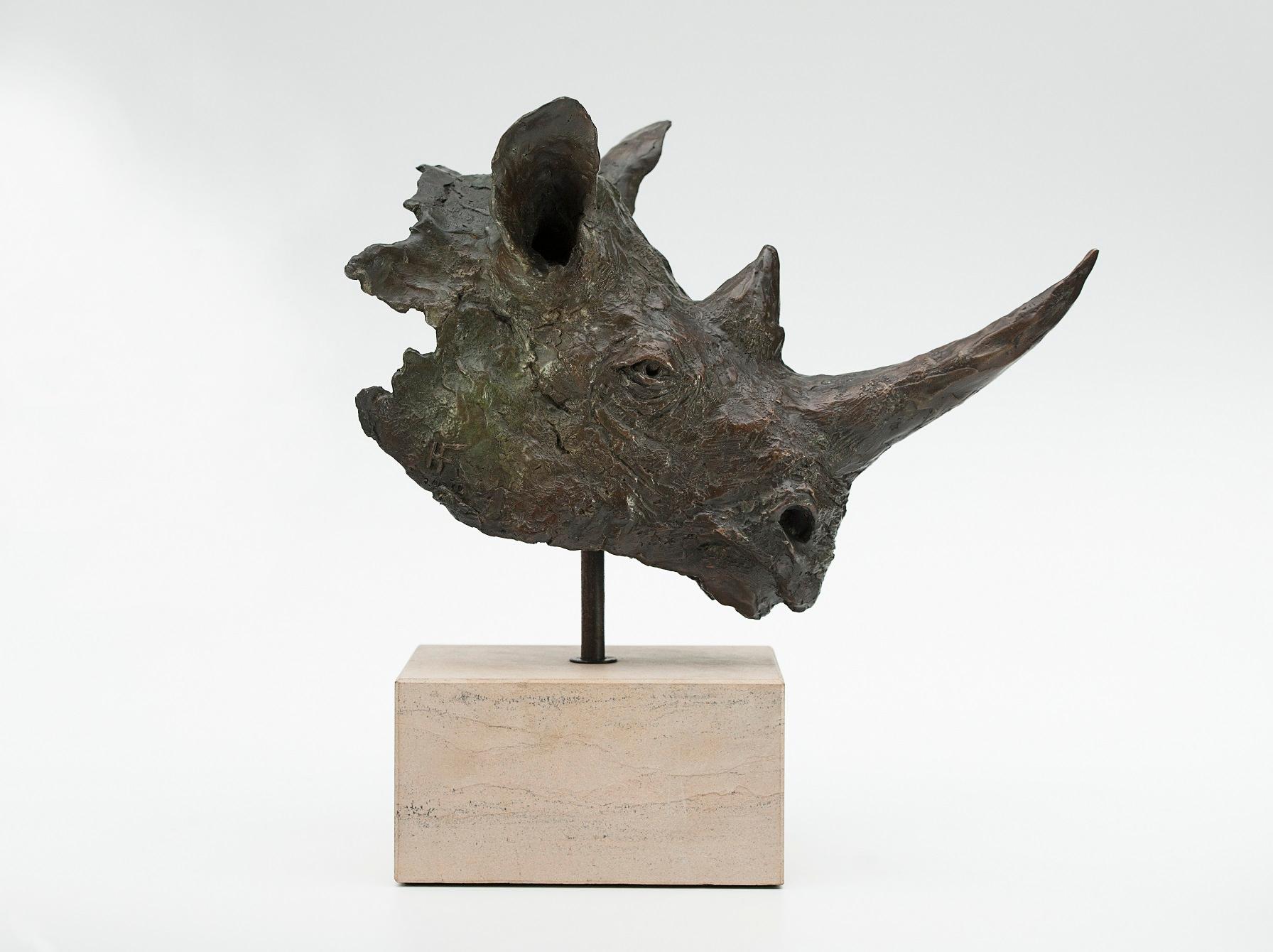 Buste de rhinocéros noir patiné brun-vert, édition limitée à 12 exemplaires, sculpture en bronze sur socle en grès. La première fois que j'ai sculpté sur le terrain, tout ce que j'ai vu de ce magnifique rhinocéros noir, c'est sa tête qui dépassait