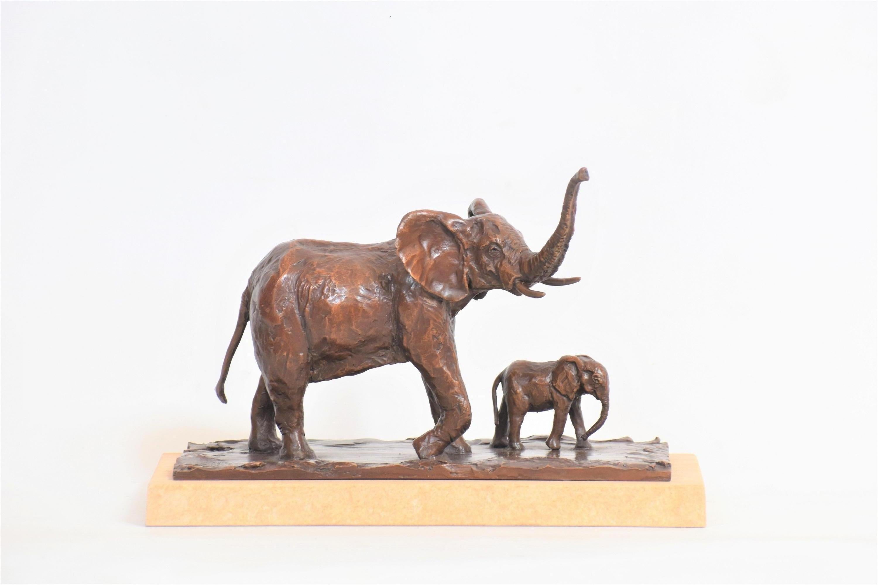Homage in bronze to new life and a tribute to a majestic creature that represents the soul of Africa.

The Surprise - New Life - Mother & Calf - Bronze Elephant Sculpture, Limited Edition of 24, L 24 cm x W 12 cm x H 17 cm including Sandstone