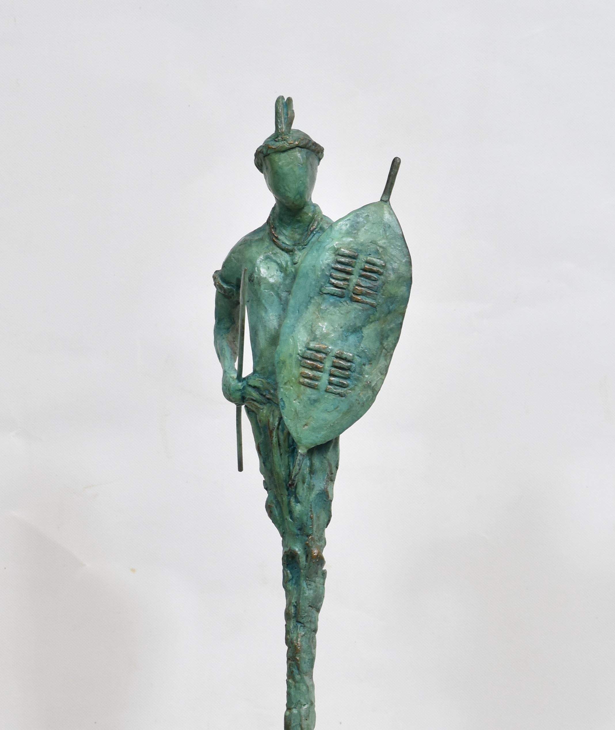Zulu Warrior - African Sculpture in Bronze Verdigris - Limited Edition For Sale 1
