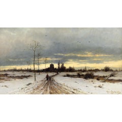 Winter Landscape With Mother & Child, 19th-century German Oil Painting
