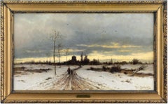 Winter Landscape With Mother & Child, 19th-century German Oil Painting