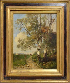 Vintage Summer Landscape with Birches by Austrian Master Gollob Early 20th century Oil