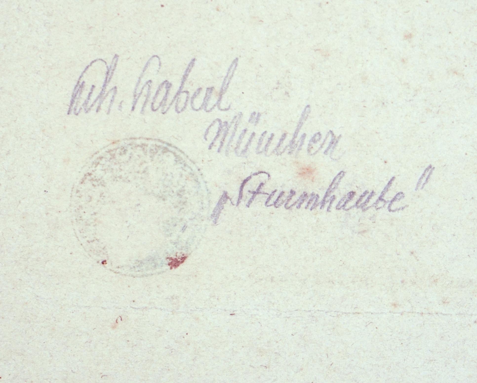 Heinrich Haberl (1869 Passau bis 1934 München), Sturmhaube, um 1900. Kaltnadelradierung, 14 x 10 cm (Plattenkante), 28 x 21 cm (Blattgröße), 39 x 29 cm (Passepartout), links unten in Blei betitelt 