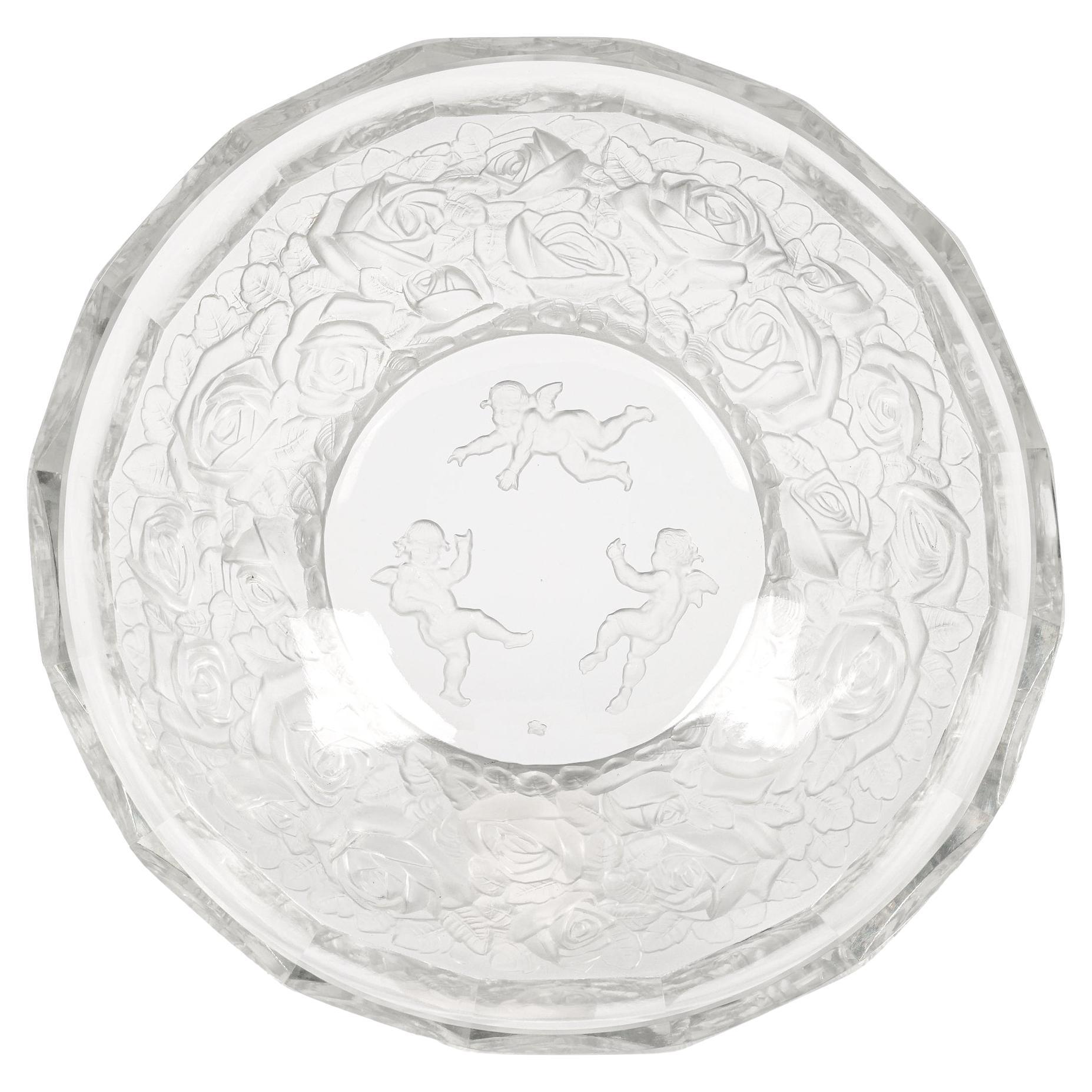 Heinrich Hoffmann Art Deco Floral Glass Bowl with Engraved Cherubs