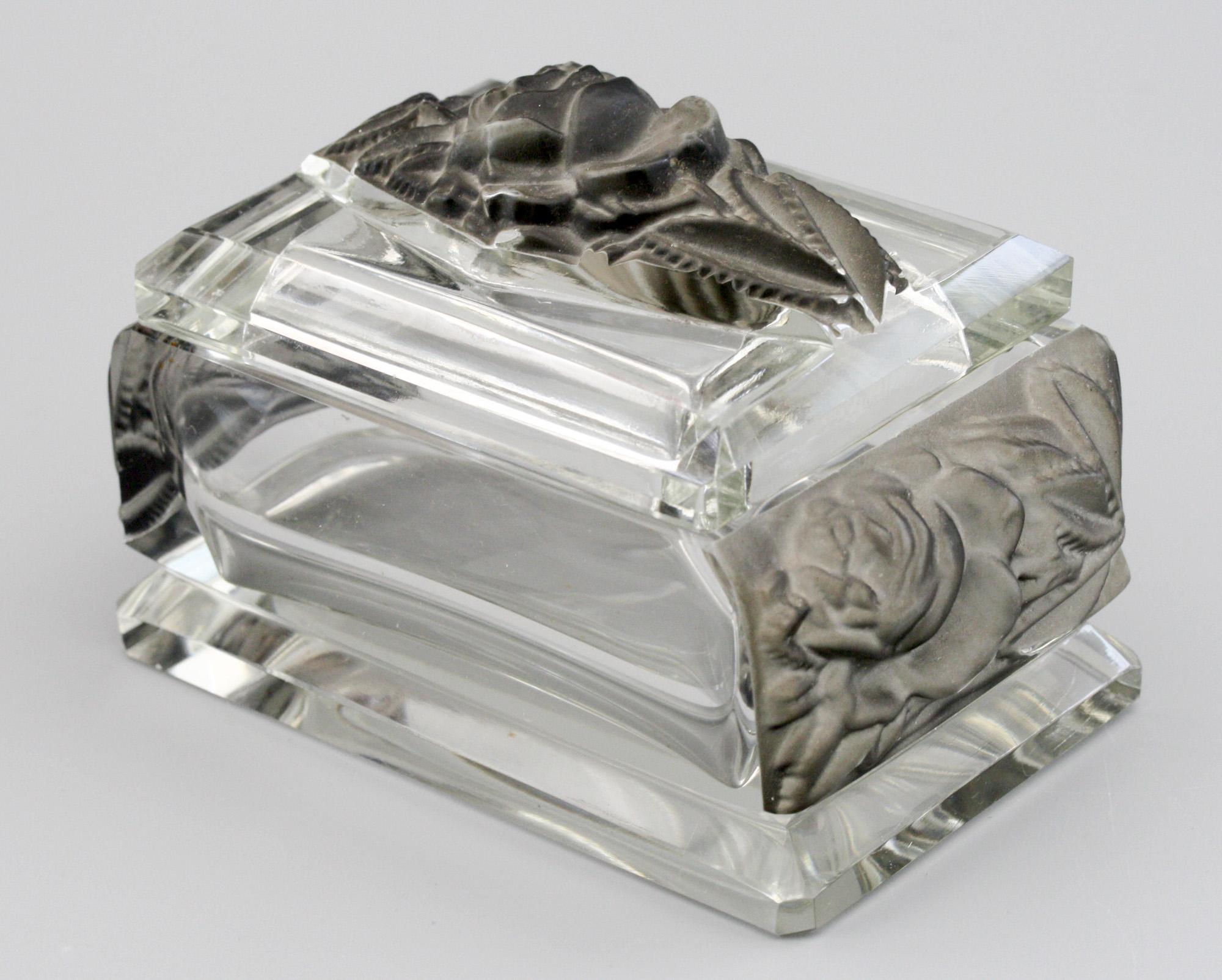 Heinrich Hoffmann Attributed Czech Art Deco Molded Roses Glass Lidded Box 1
