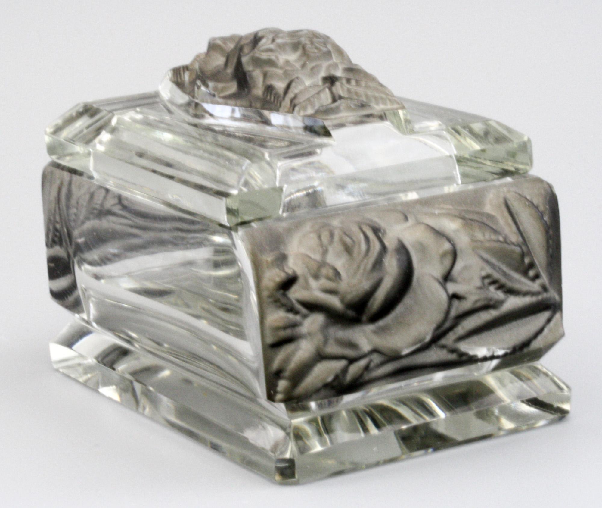 Heinrich Hoffmann Attributed Czech Art Deco Molded Roses Glass Lidded Box 7