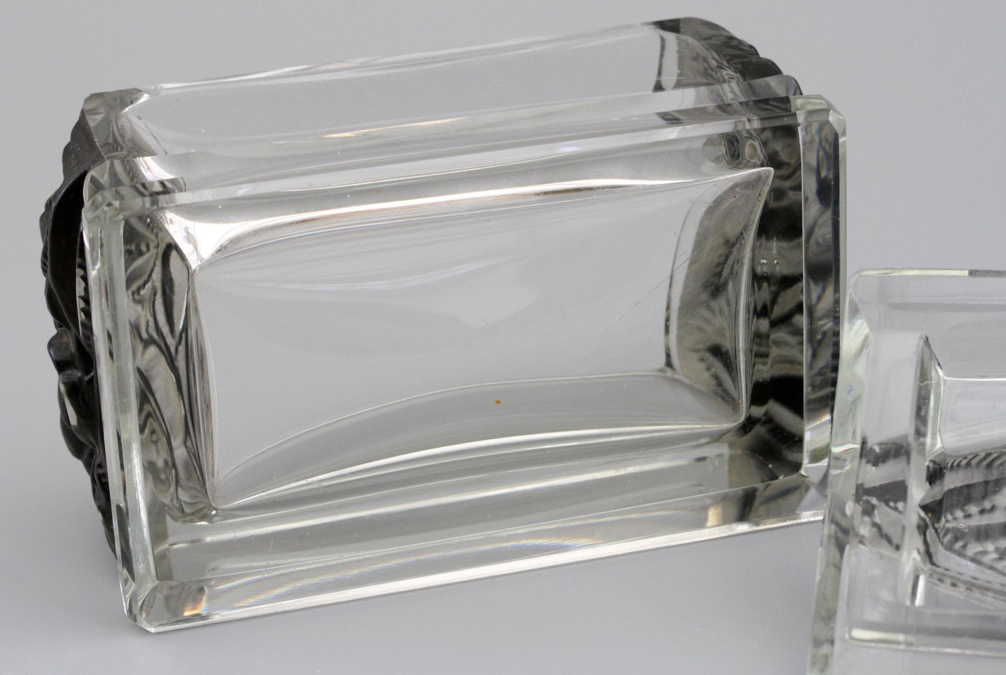 Cut Glass Heinrich Hoffmann Attributed Czech Art Deco Molded Roses Glass Lidded Box