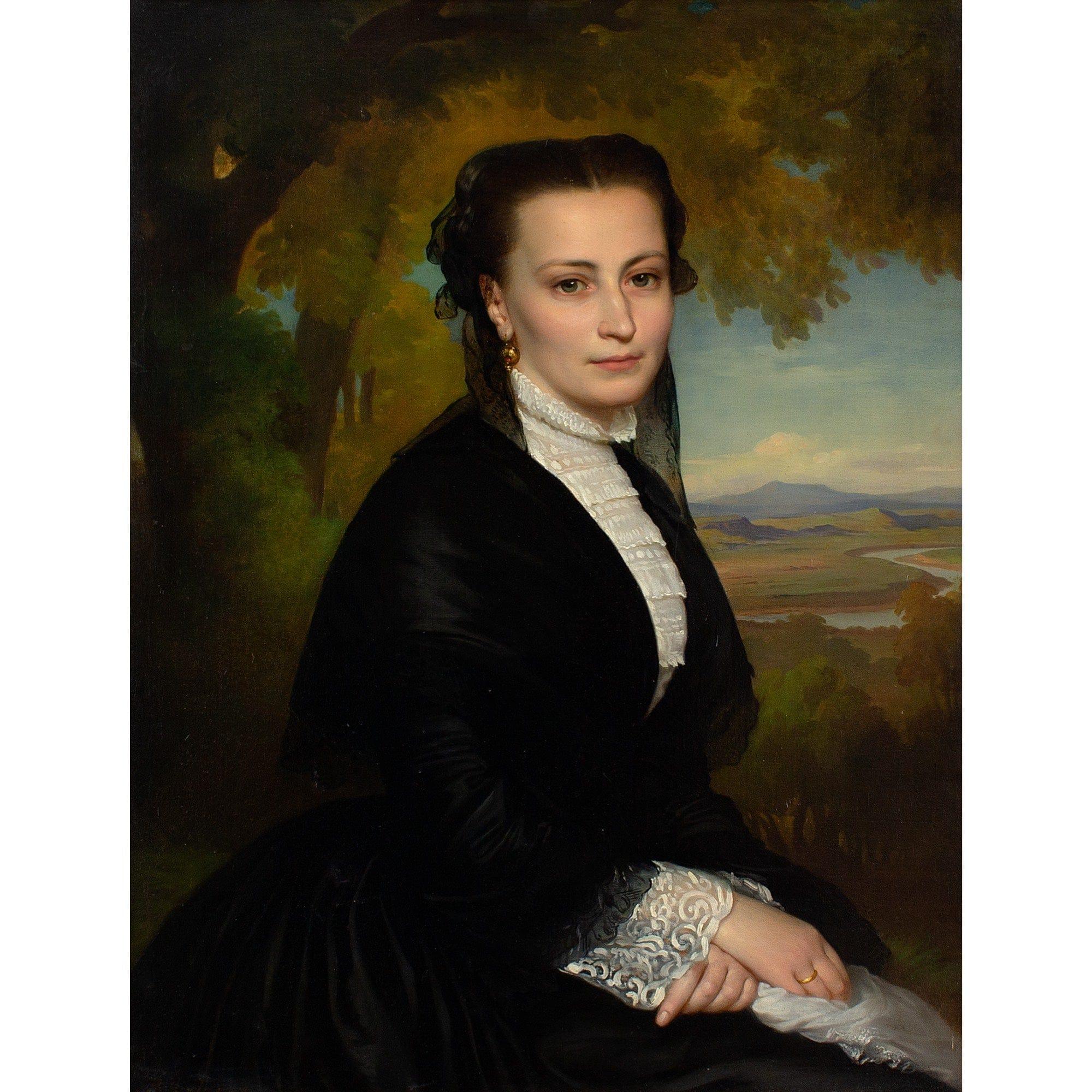 Heinrich Hollpein, Portrait Of A Lady In Black, Antique Oil Painting 1