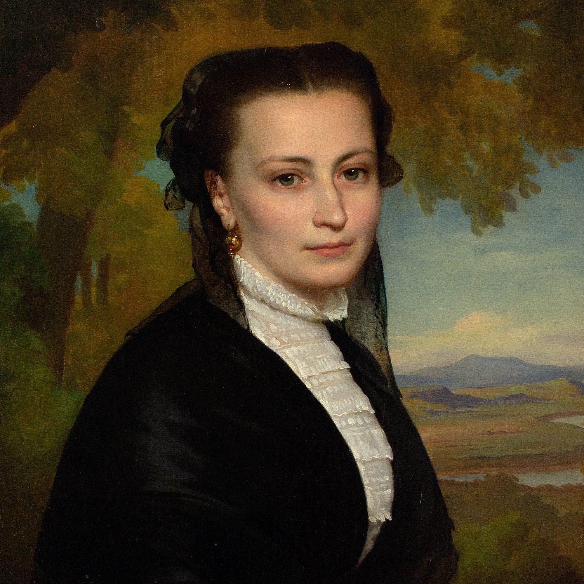 Heinrich Hollpein, Portrait Of A Lady In Black, Antique Oil Painting 6