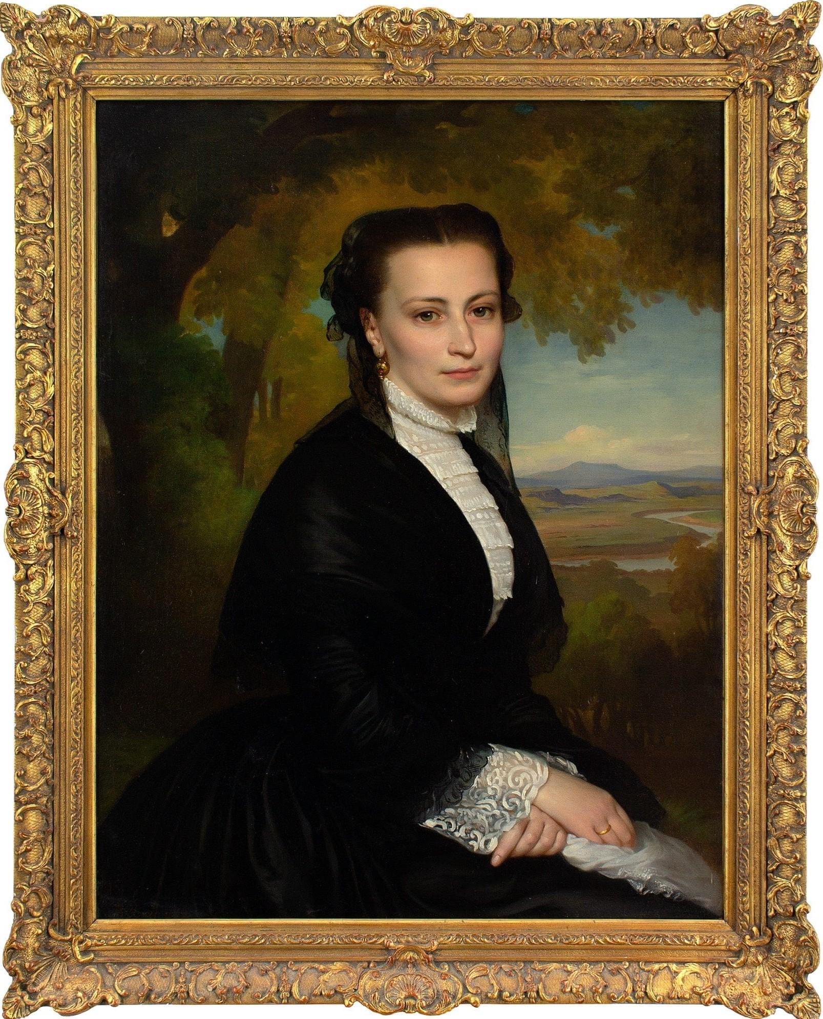 This exquisite mid-19th-century portrait by Austrian artist Heinrich Hollpein (1814-1888) depicts a lady before a classically-inspired landscape.

Attired in a fine black dress with lace embellishments, she rests within a tranquil setting. The glow