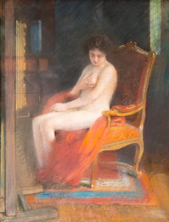 Nude Model holding her breast, siting on an armchair louis XV in front of easel
