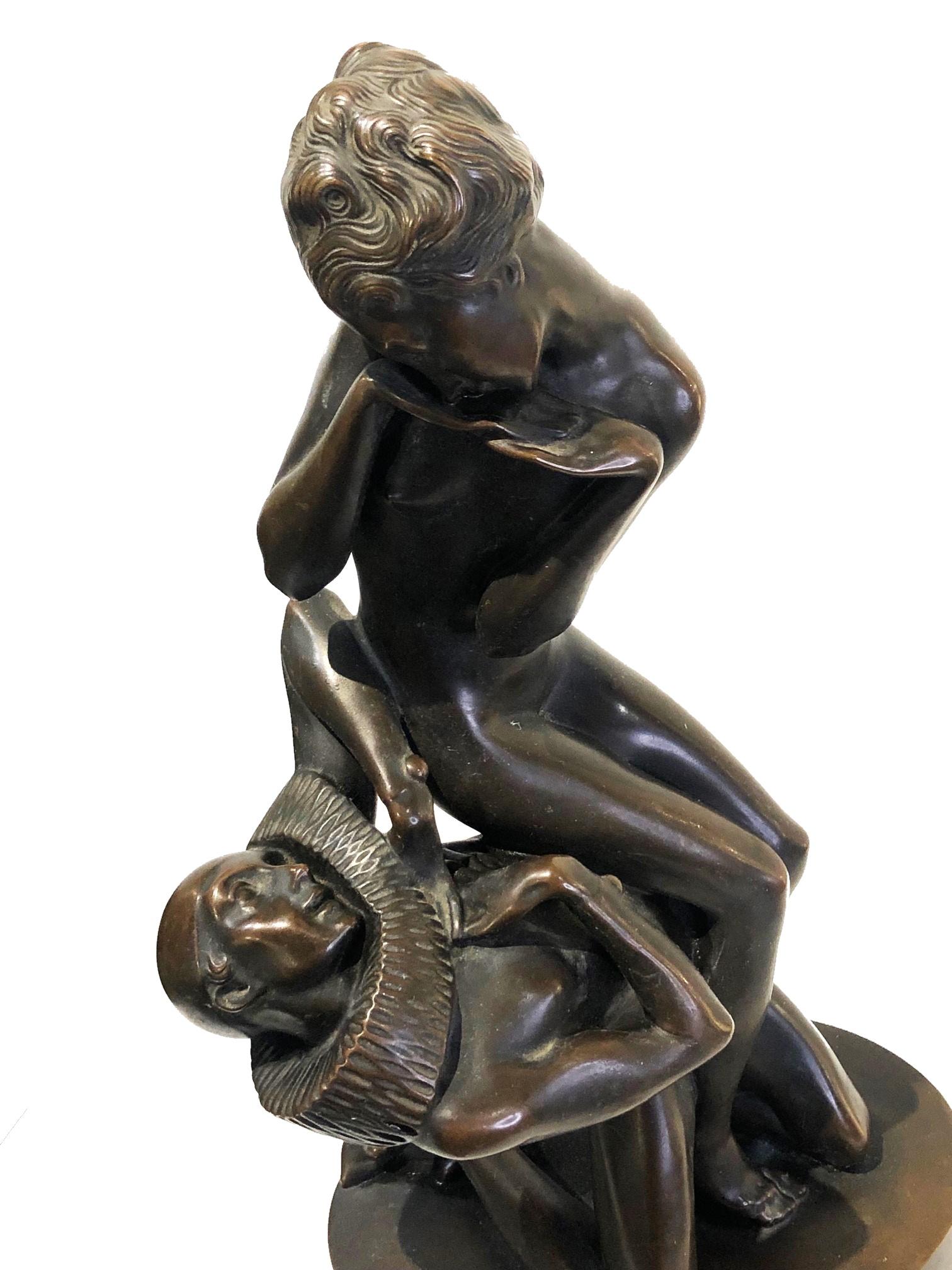Art Deco
Heinrich Karl Scholz 
Declaration of Love 
Patinated Bronze Sculpture
Austria, 1919

DIMENSIONS
Height: 13.75 inches                   
Width: 6.75 inches                  
Depth: 4.75 inches

ABOUT
This Art Deco brown-patinated bronze