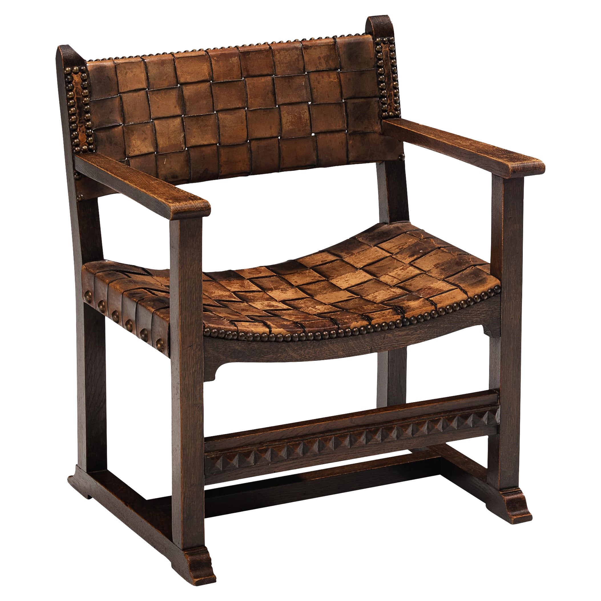 Heinrich Kulka for Gebrüder Thonet Arts and Crafts Chair in Oak and Leather For Sale