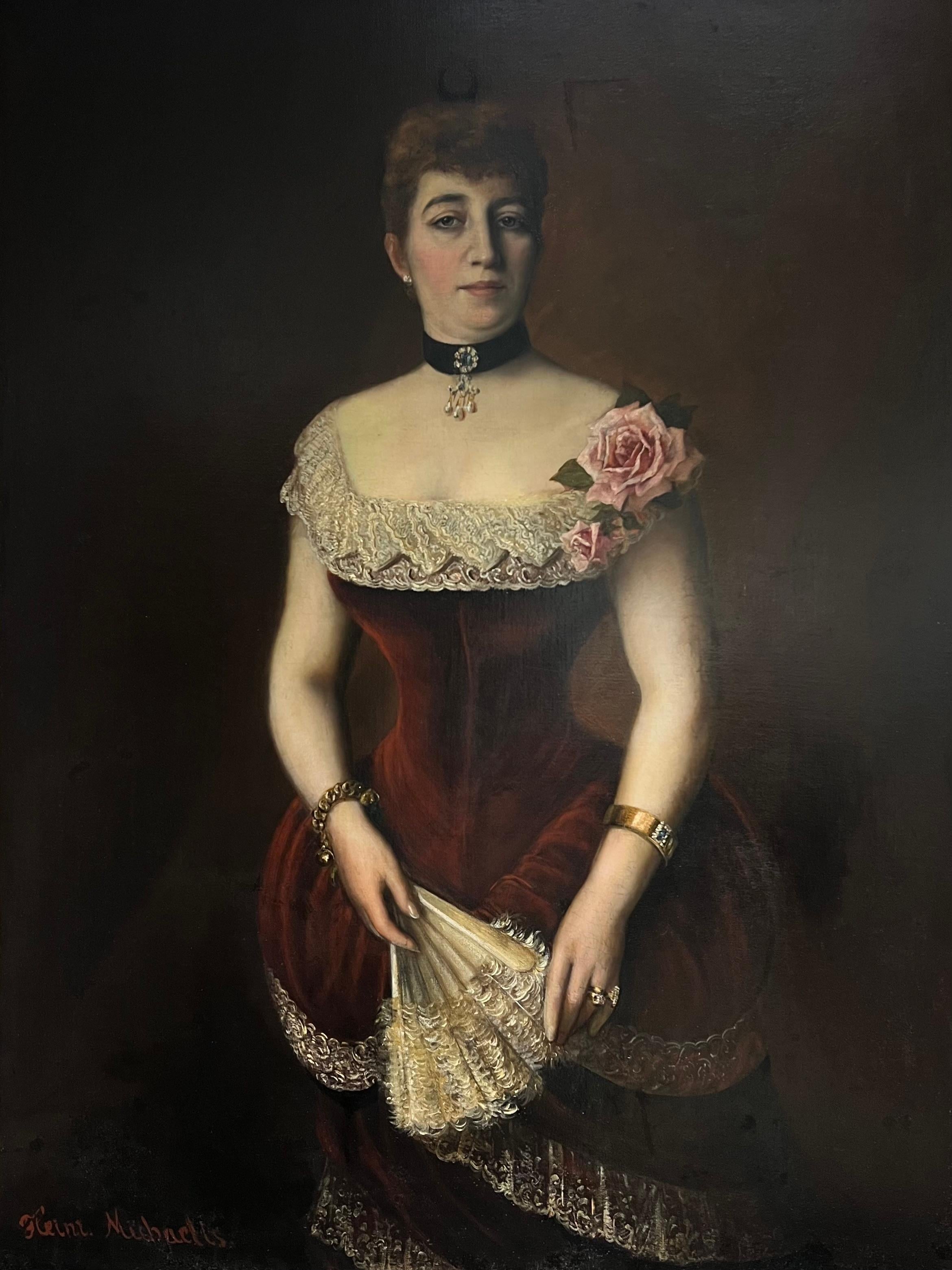 Enorme retrato alemán del siglo XIX de elegante dama vestida para el baile firmado al óleo - Painting de Heinrich Michaelis