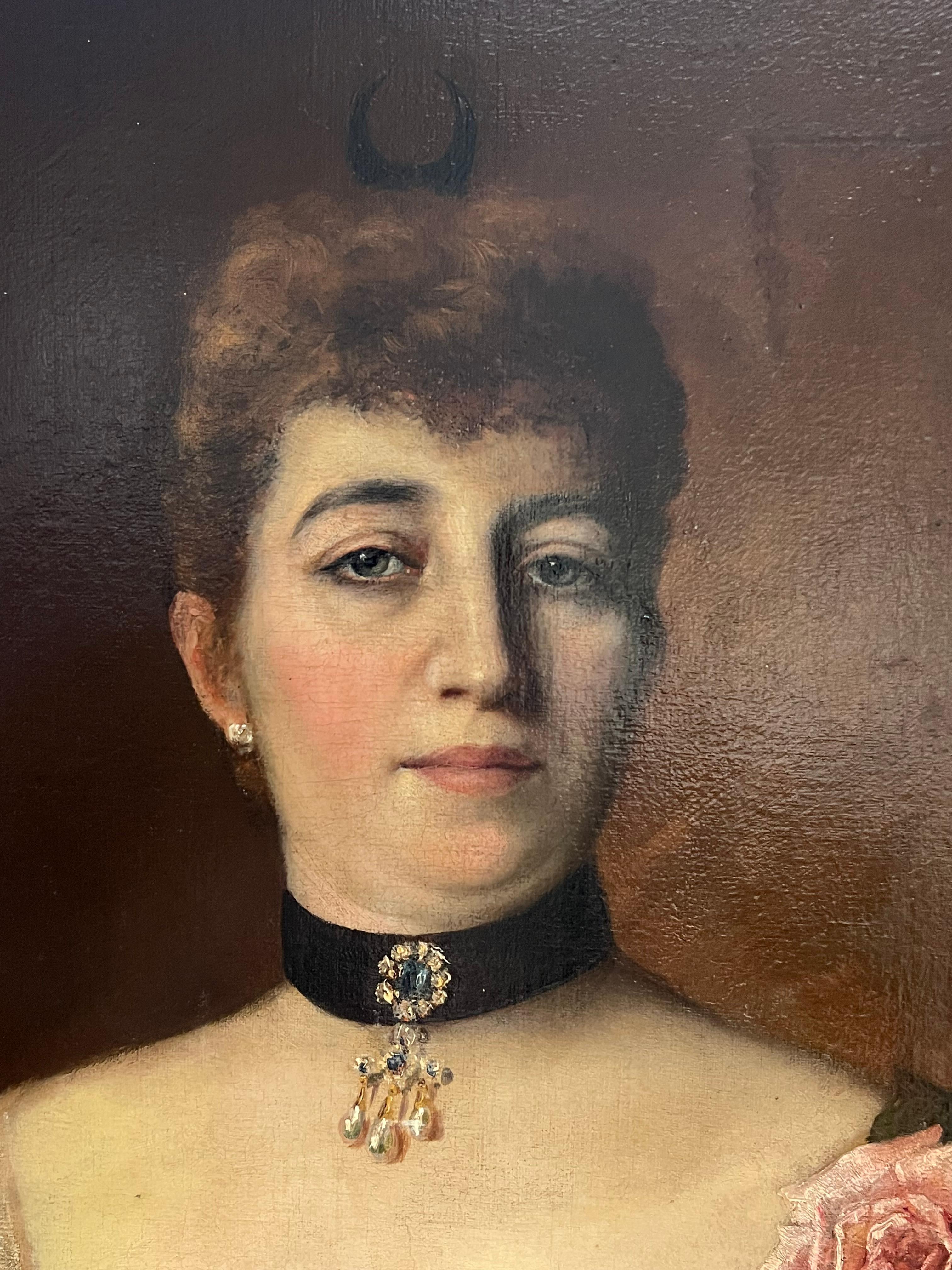 Enorme retrato alemán del siglo XIX de elegante dama vestida para el baile firmado al óleo - Painting Victoriano de Heinrich Michaelis