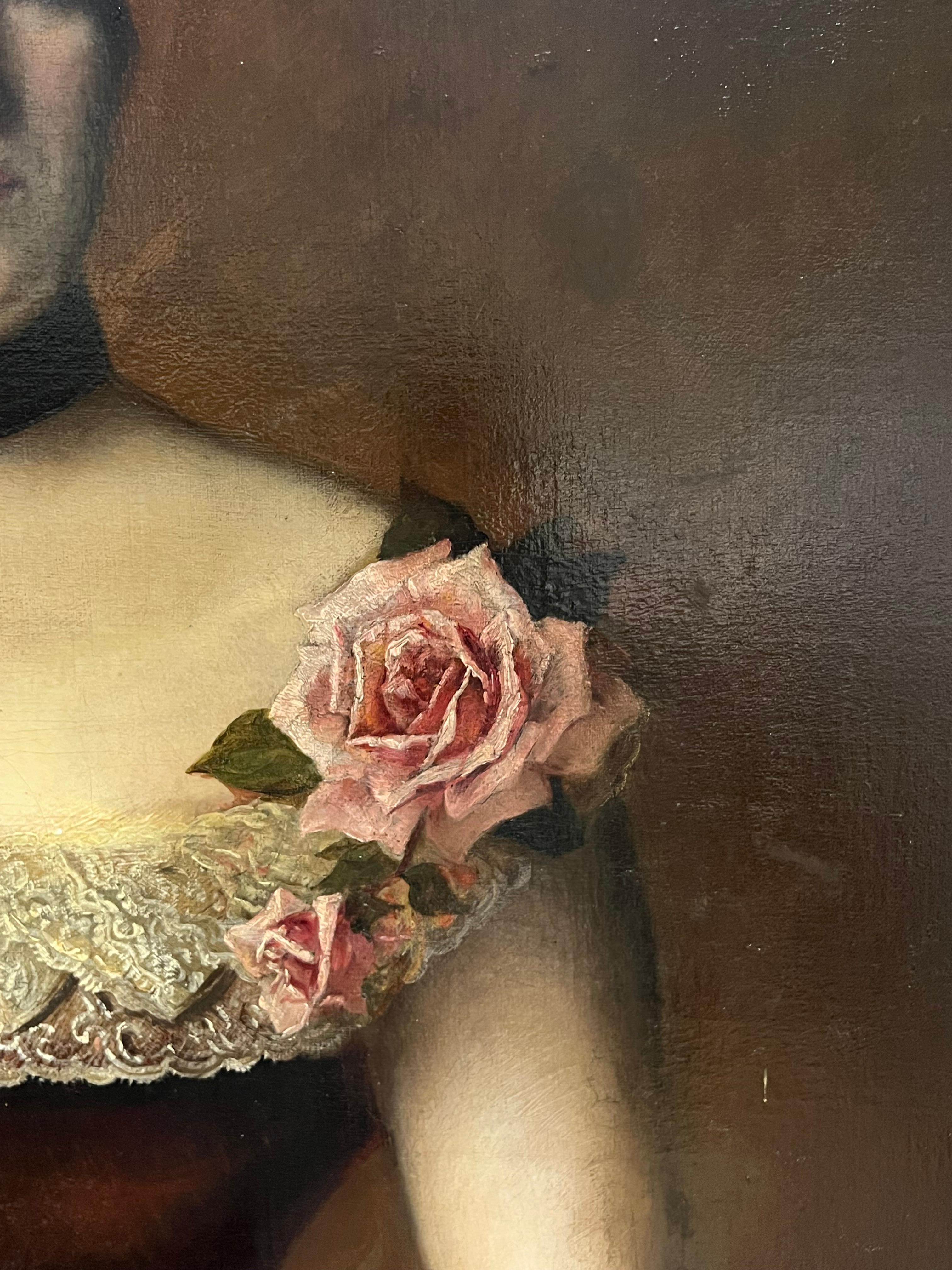 Enorme retrato alemán del siglo XIX de elegante dama vestida para el baile firmado al óleo - Figurative Painting Negro de Heinrich Michaelis