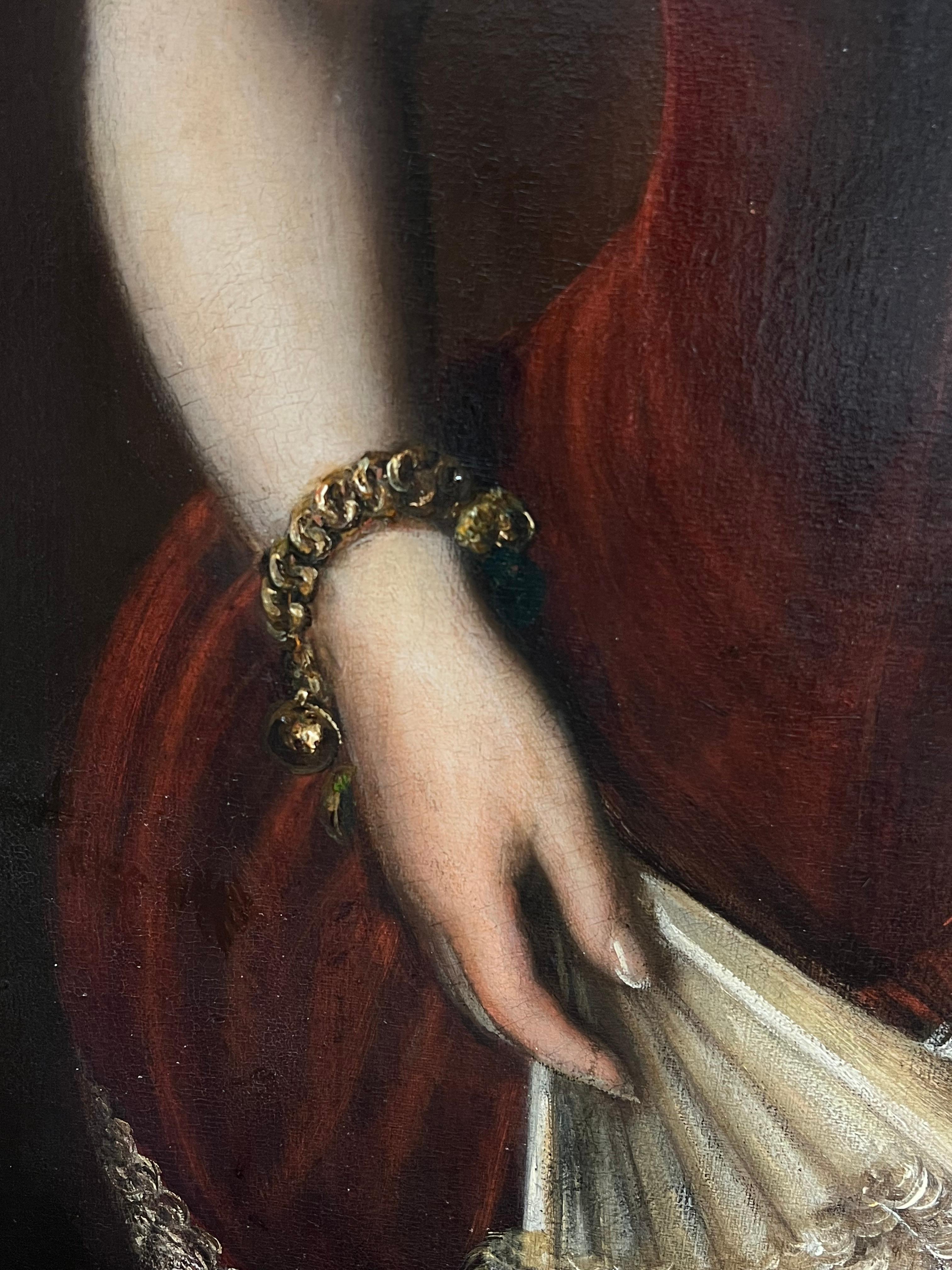 Enorme retrato alemán del siglo XIX de elegante dama vestida para el baile firmado al óleo 1