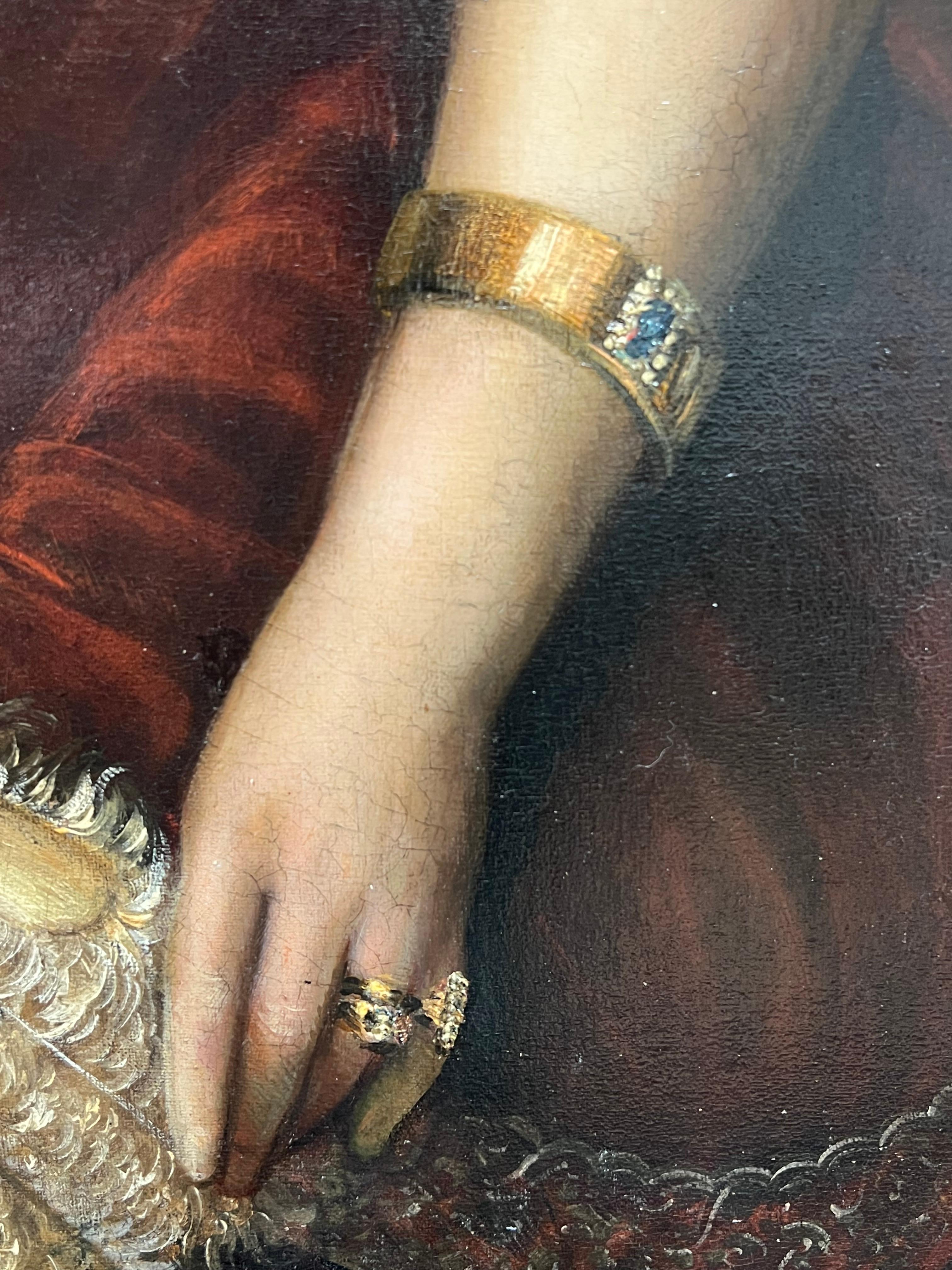 Enorme retrato alemán del siglo XIX de elegante dama vestida para el baile firmado al óleo 2
