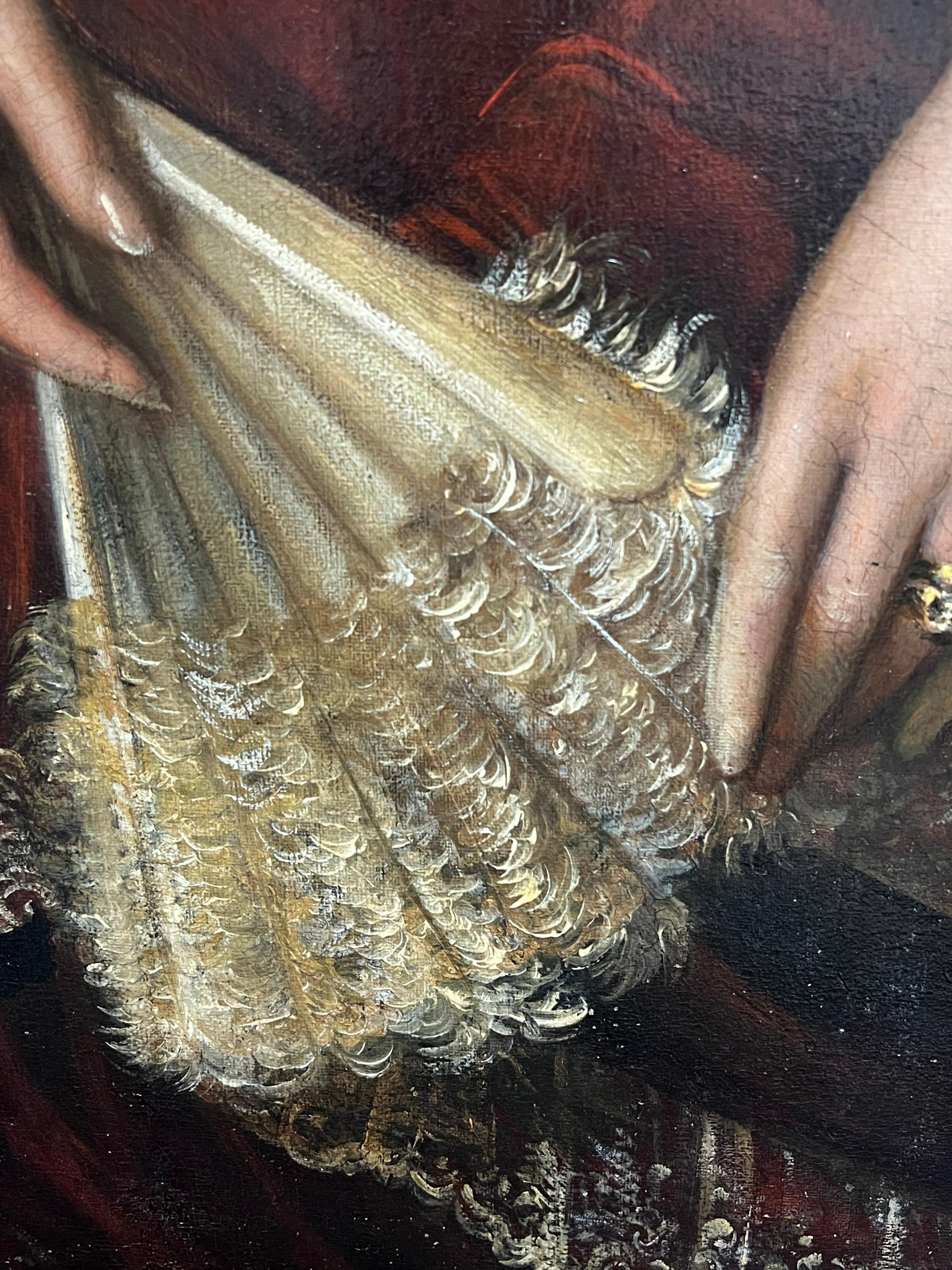 Enorme retrato alemán del siglo XIX de elegante dama vestida para el baile firmado al óleo 4
