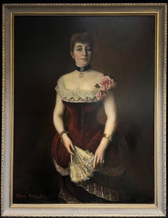 Enorme retrato alemán del siglo XIX de elegante dama vestida para el baile firmado al óleo
