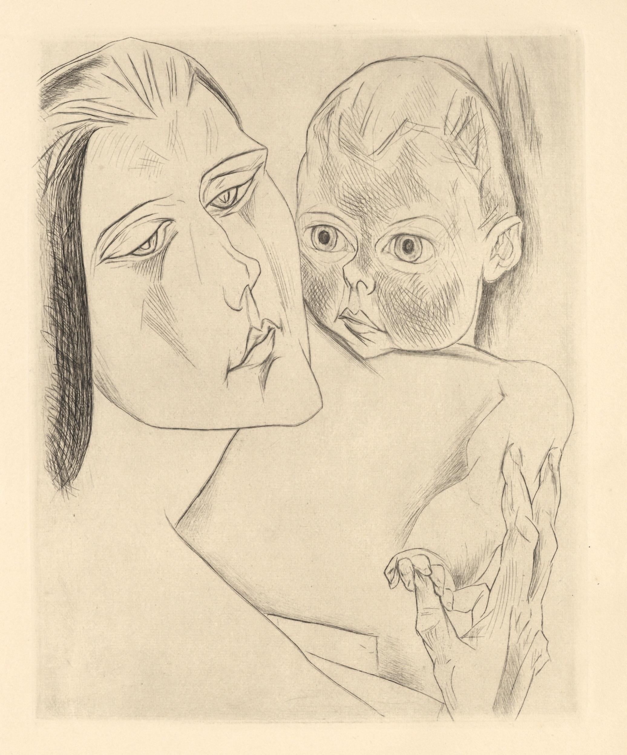 Portrait Print Heinrich Nauen - "Mutter und Kind" eau-forte originale