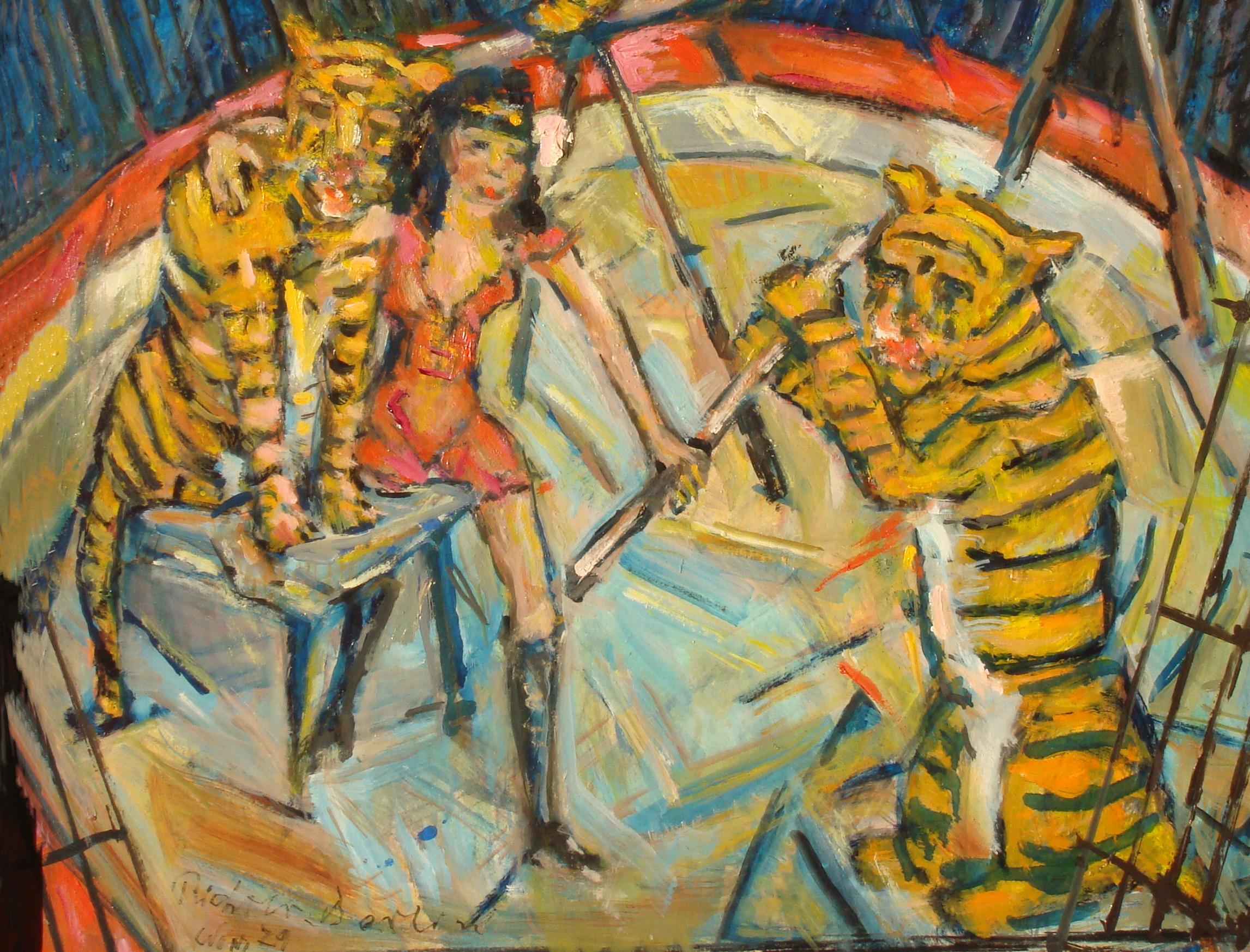 Heinrich Richter-Berlin Oil Painting Tiger Training, 1979 - Brown Animal Painting by Heinrich Richter (b.1884)