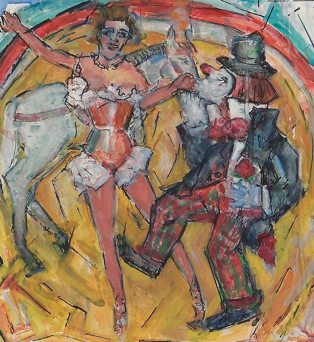 Heinrich Richter-Berlin „Zirkus), Ölgemälde auf Karton, 1979 (Grau), Figurative Painting, von Heinrich Richter (b.1884)