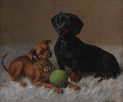 Two Daschounds. An antique painting of dogs framed and signed