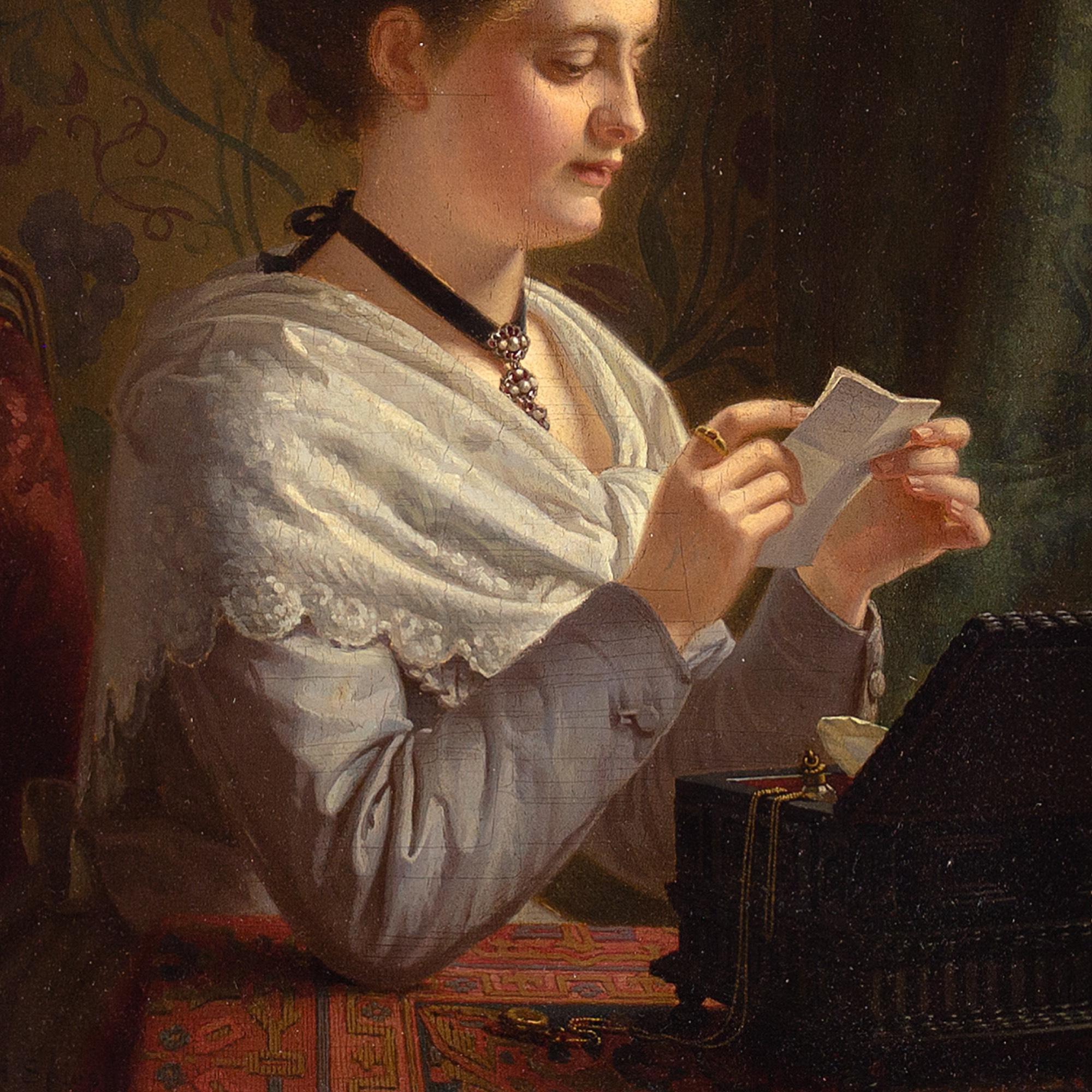 This mid-19th-century oil painting by German artist Heinrich Spiess (1832-1875) depicts a young lady reading a love letter. It’s an accomplished work by an artist with a profound admiration for the old masters.

Once again, she’s returned to her