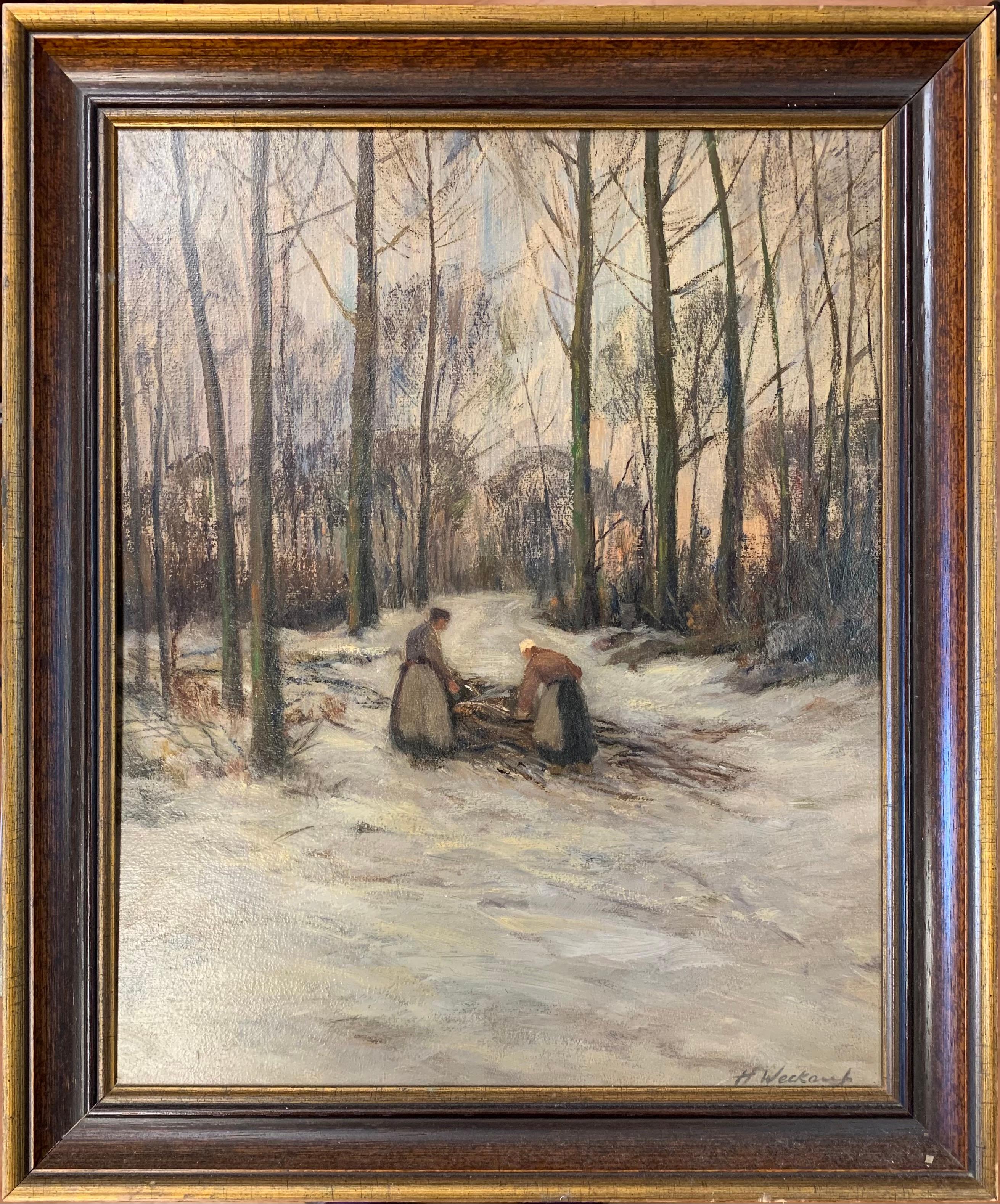 Heinrich Weckauf - Gathering Wood in Winter, 20th Century Impressionniste  en vente 1