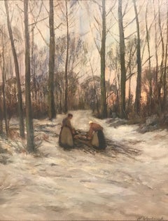 Heinrich Weckauf - Gathering Wood in Winter, 20th Century Impressionist 