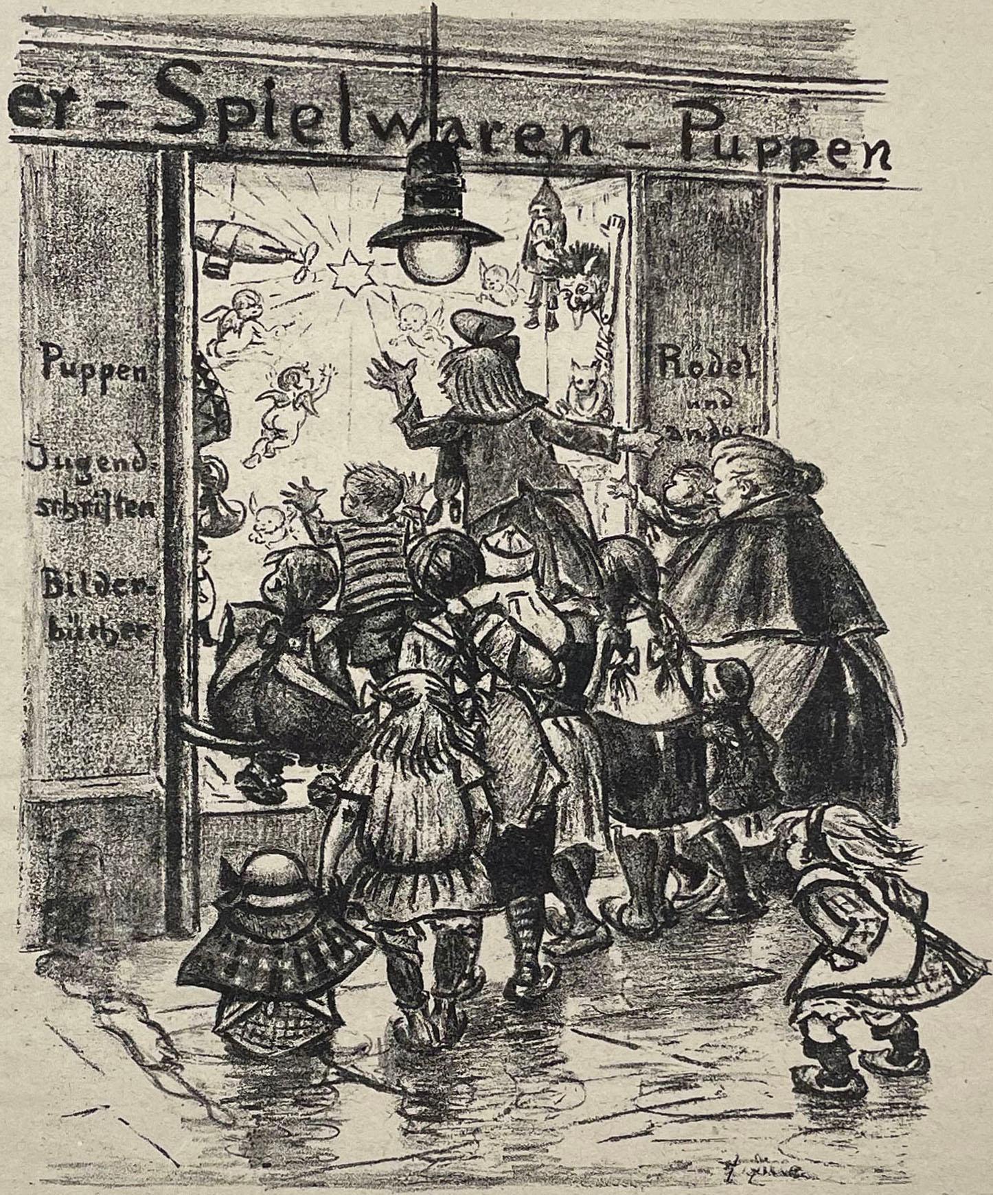  Heinrich Zille Figurative Print – Vor dem Weihnachtsladen (Vor dem Weihnachtsladen)