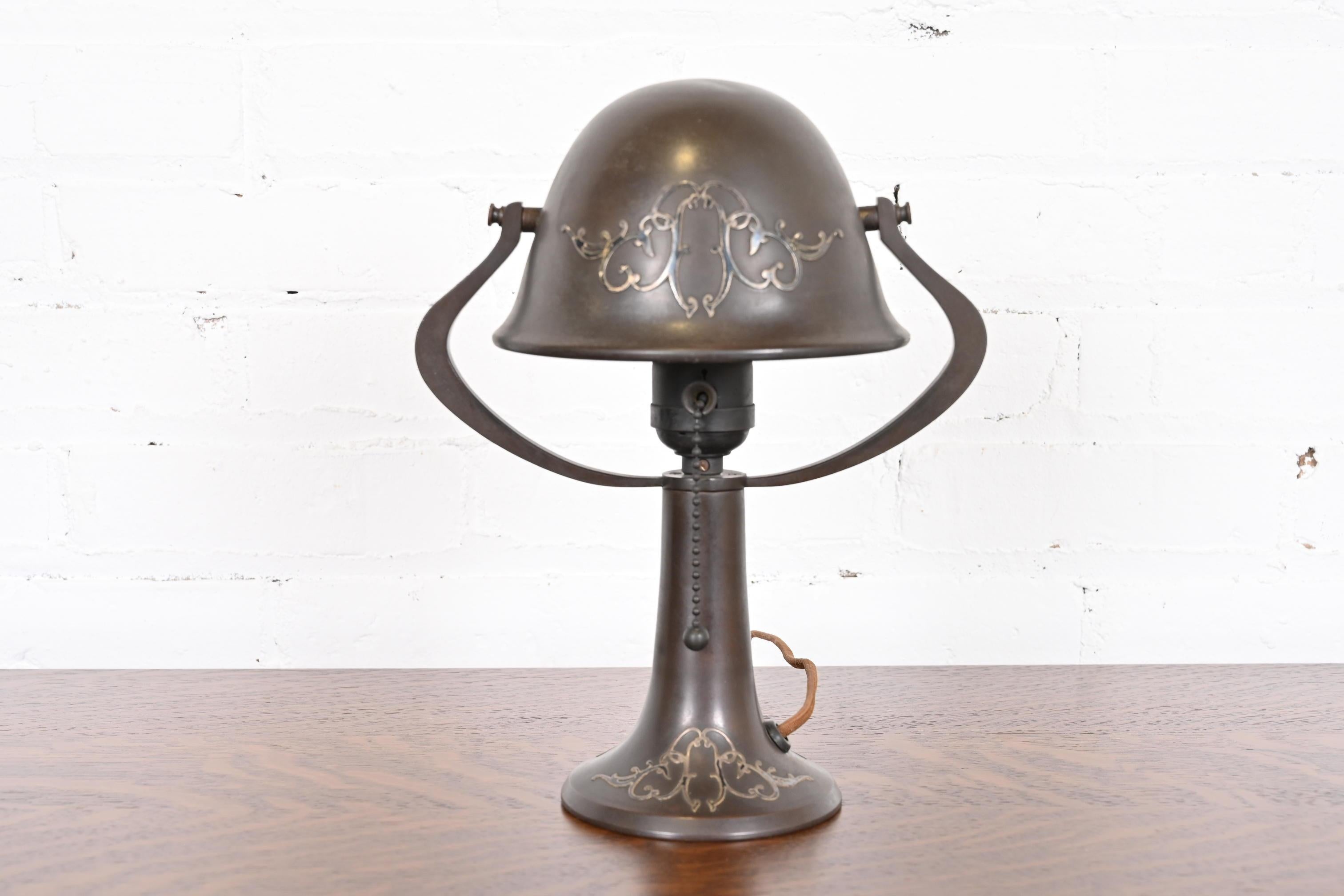 Heintz Antique Arts & Crafts Sterling Silver on Bronze Desk Lamp For Sale 7