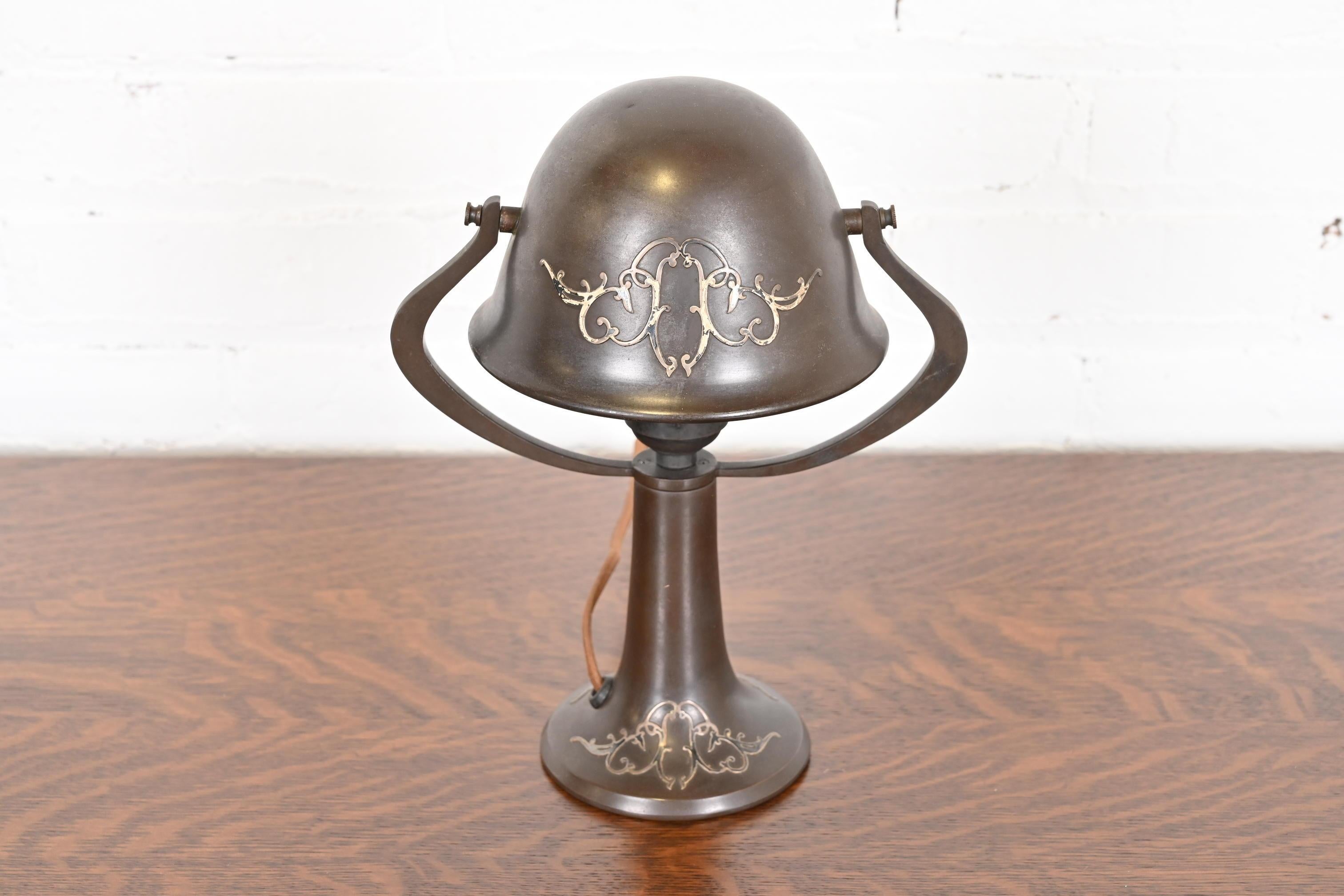 Arts and Crafts Heintz Antique Arts & Crafts Sterling Silver on Bronze Desk Lamp For Sale