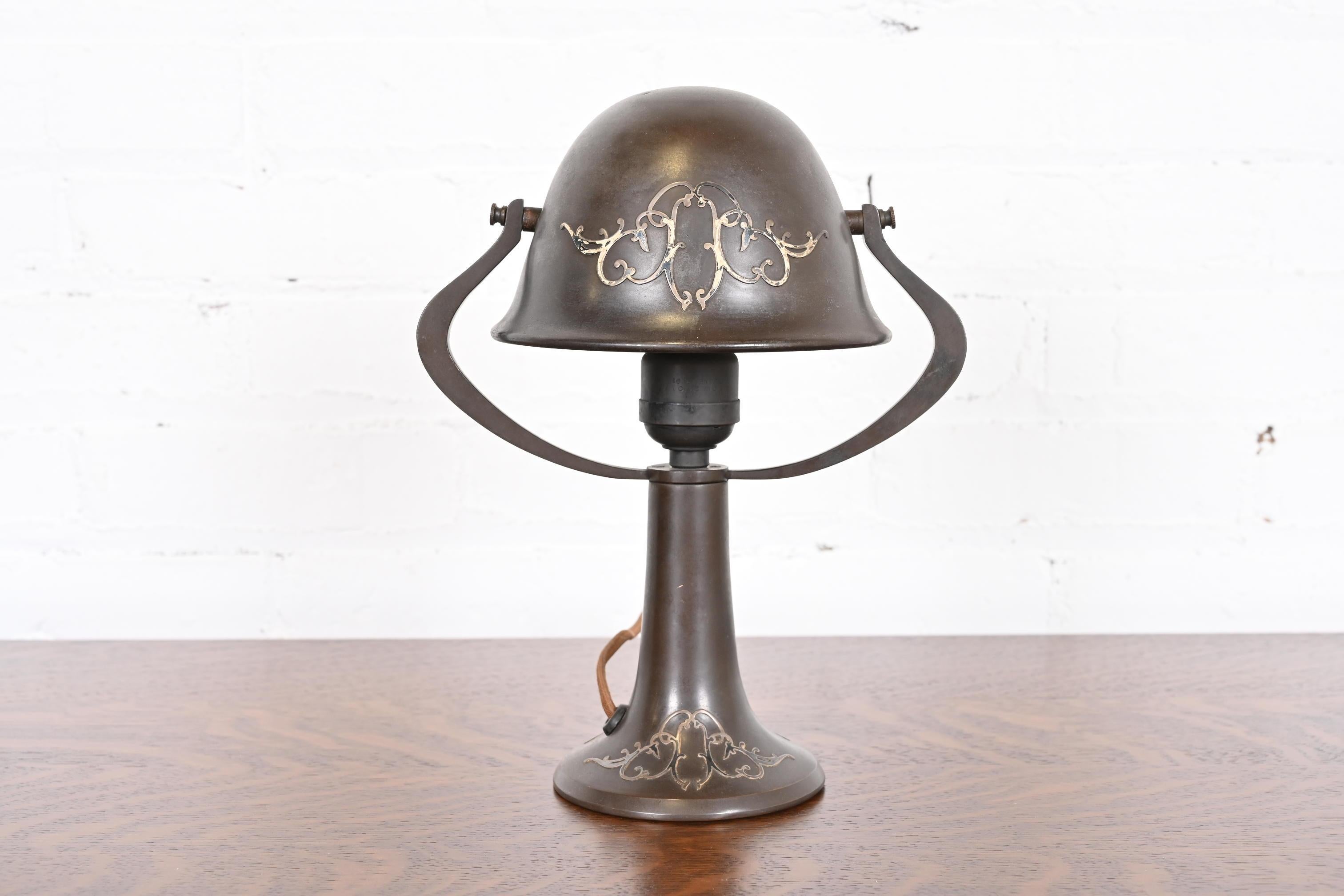 American Heintz Antique Arts & Crafts Sterling Silver on Bronze Desk Lamp For Sale
