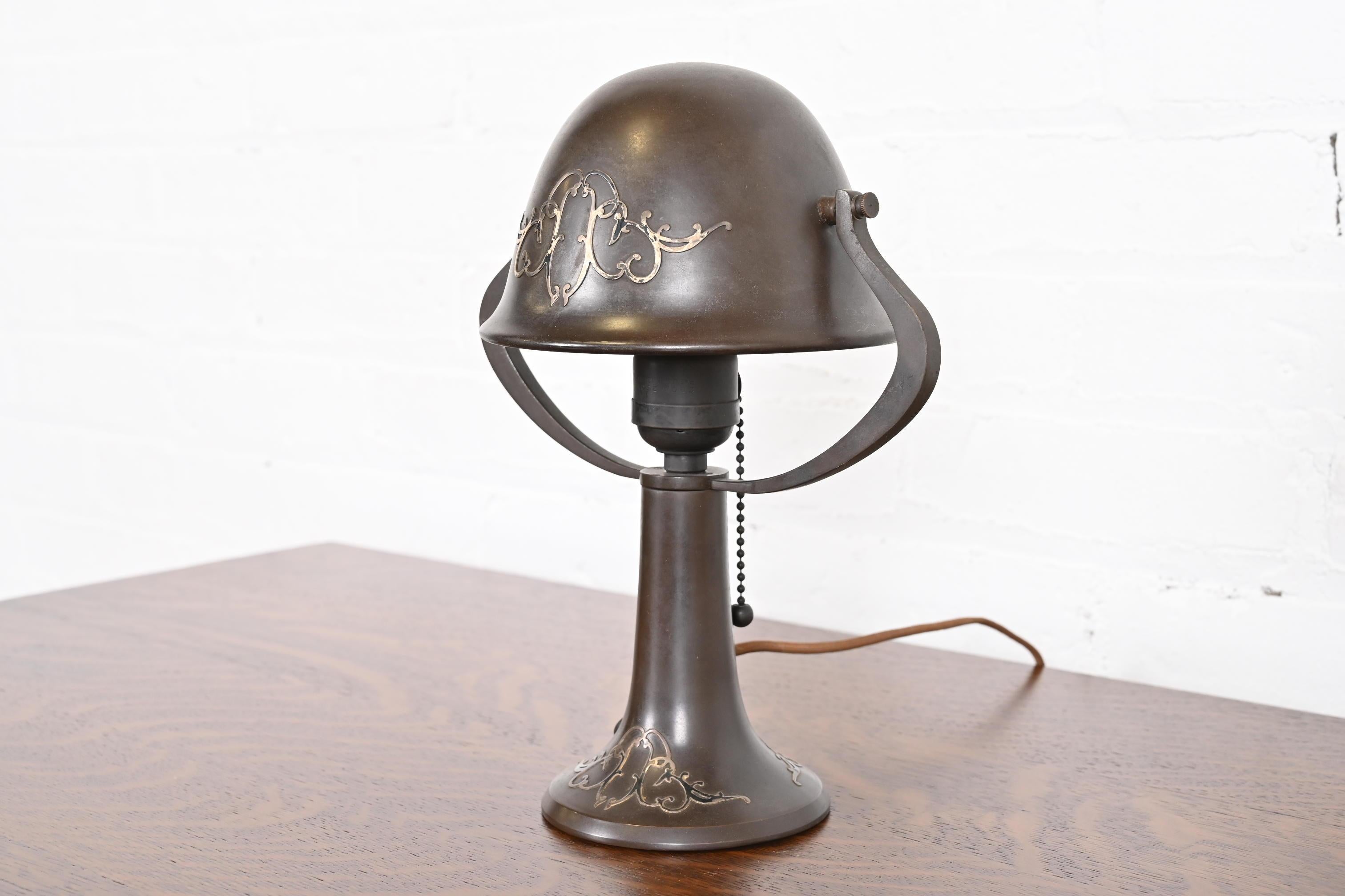 20th Century Heintz Antique Arts & Crafts Sterling Silver on Bronze Desk Lamp For Sale