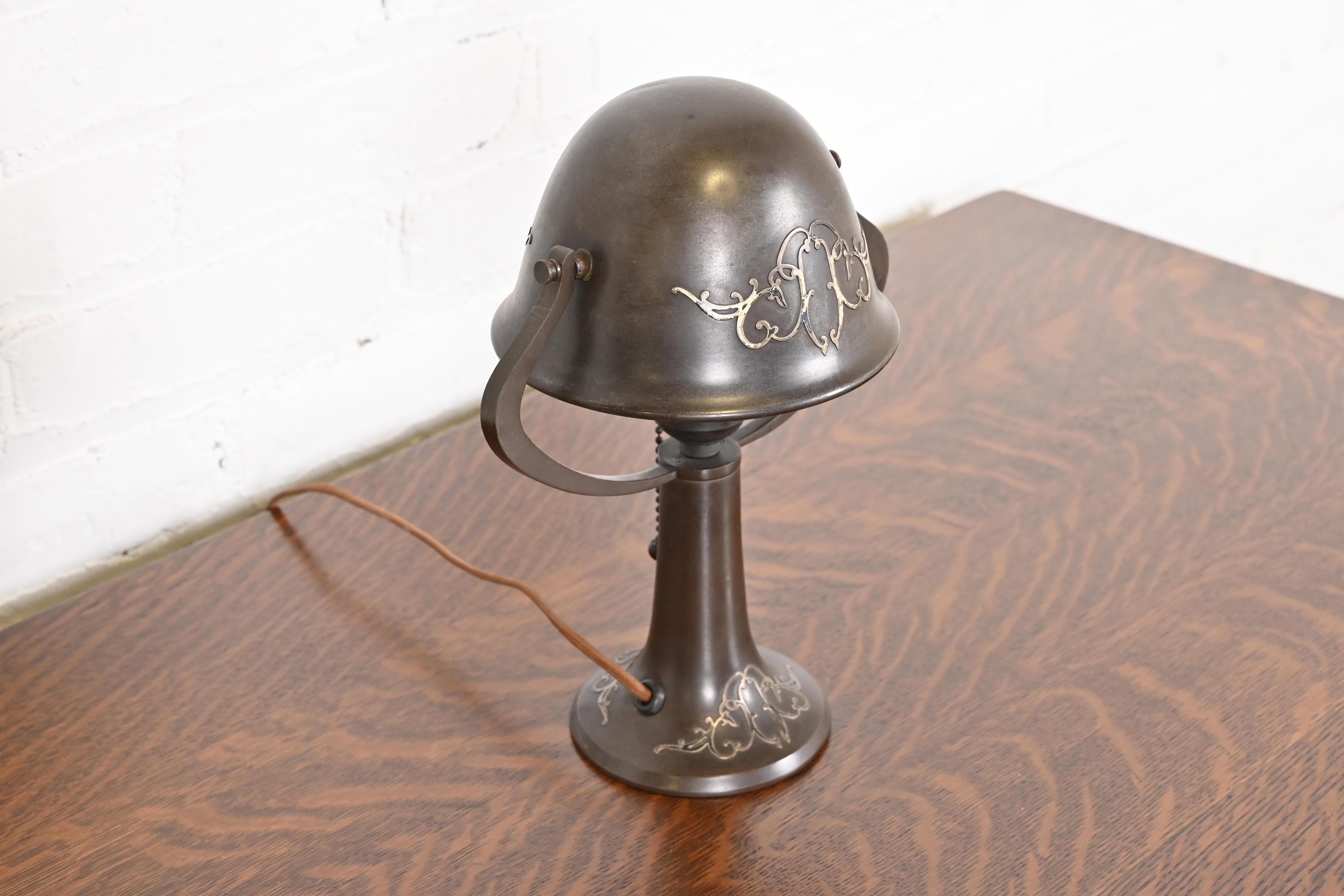 Heintz Antique Arts & Crafts Sterling Silver on Bronze Desk Lamp For Sale 1