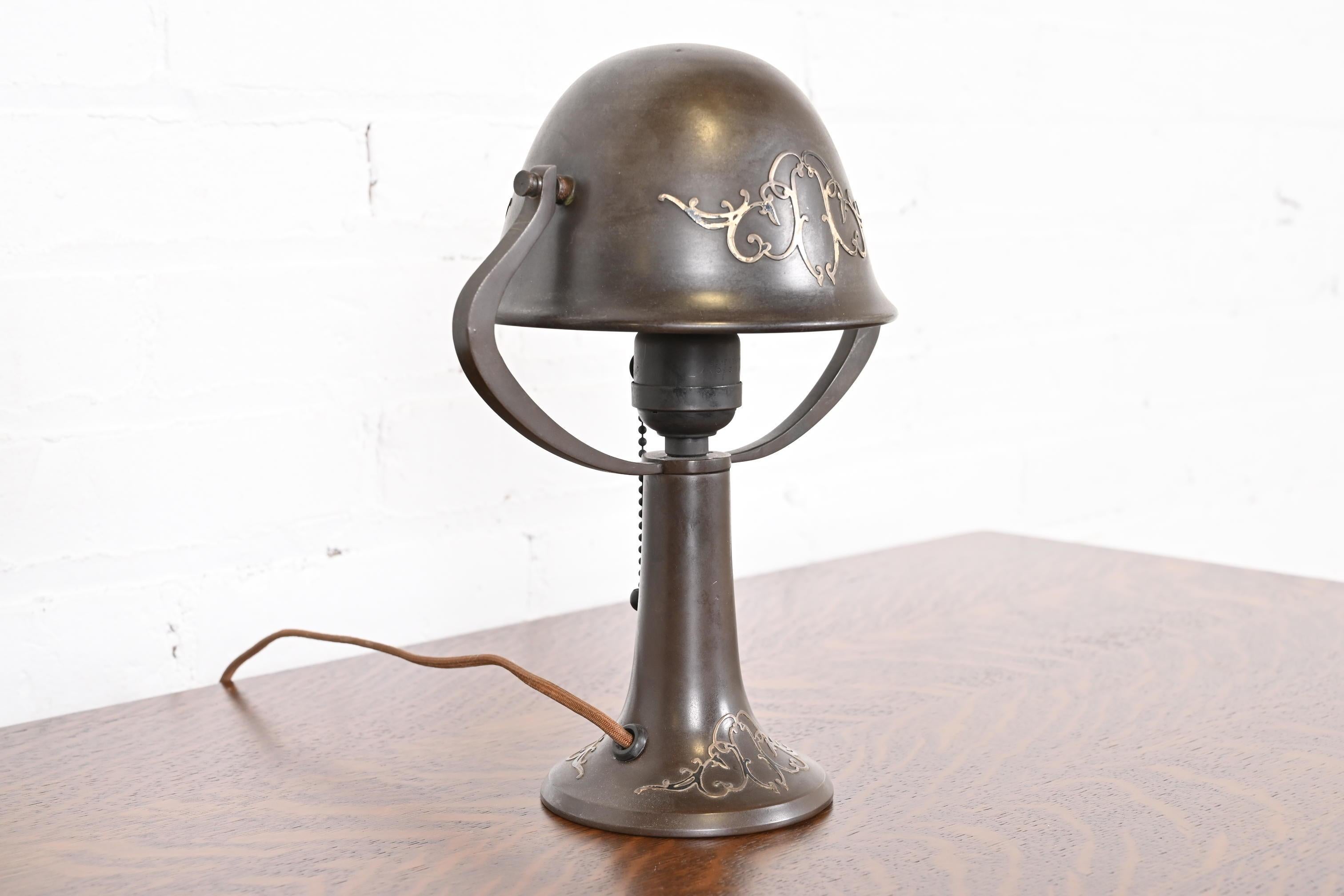 Heintz Antique Arts & Crafts Sterling Silver on Bronze Desk Lamp For Sale 2
