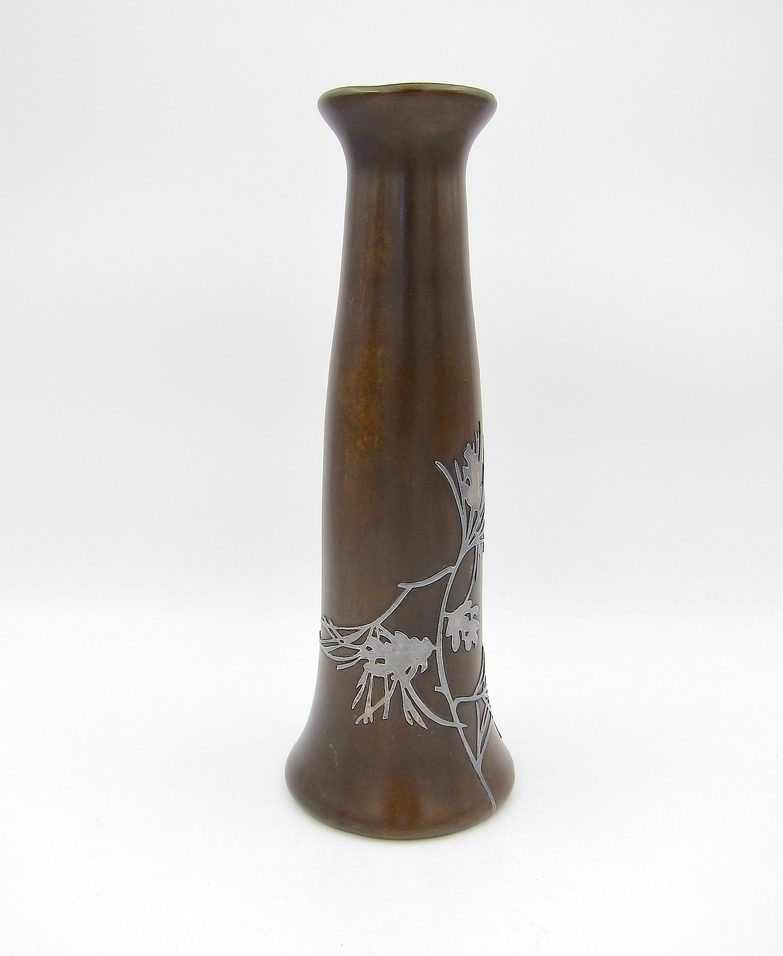 American Heintz Art Metal Bronze Vase with Sterling Silver Pine Branch Overlay