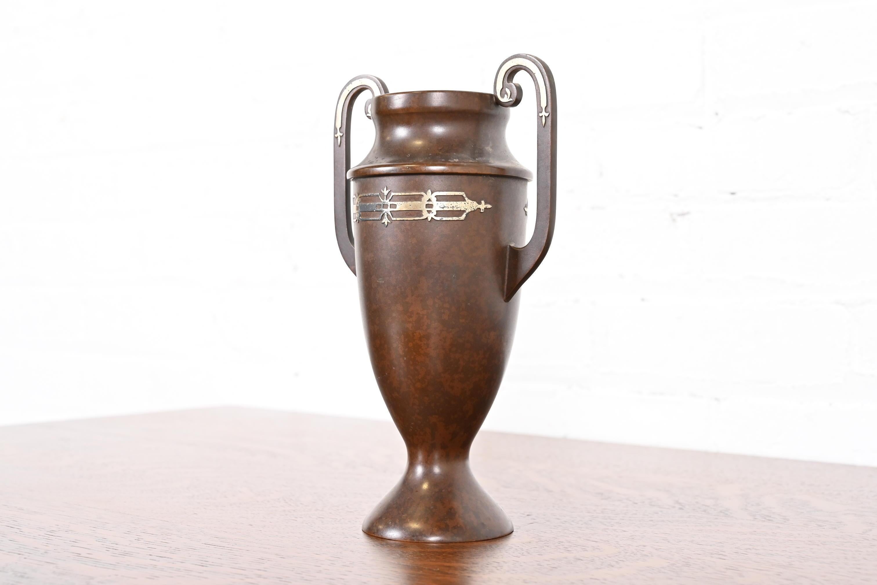 Arts and Crafts Heintz Arts & Crafts Sterling Silver on Bronze Amphora Vase For Sale