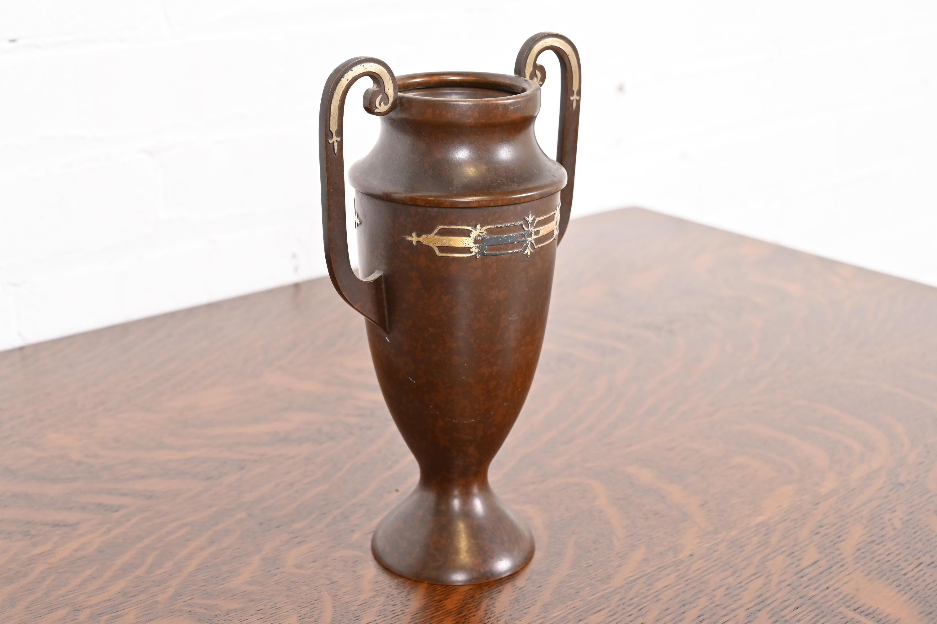 American Heintz Arts & Crafts Sterling Silver on Bronze Amphora Vase For Sale