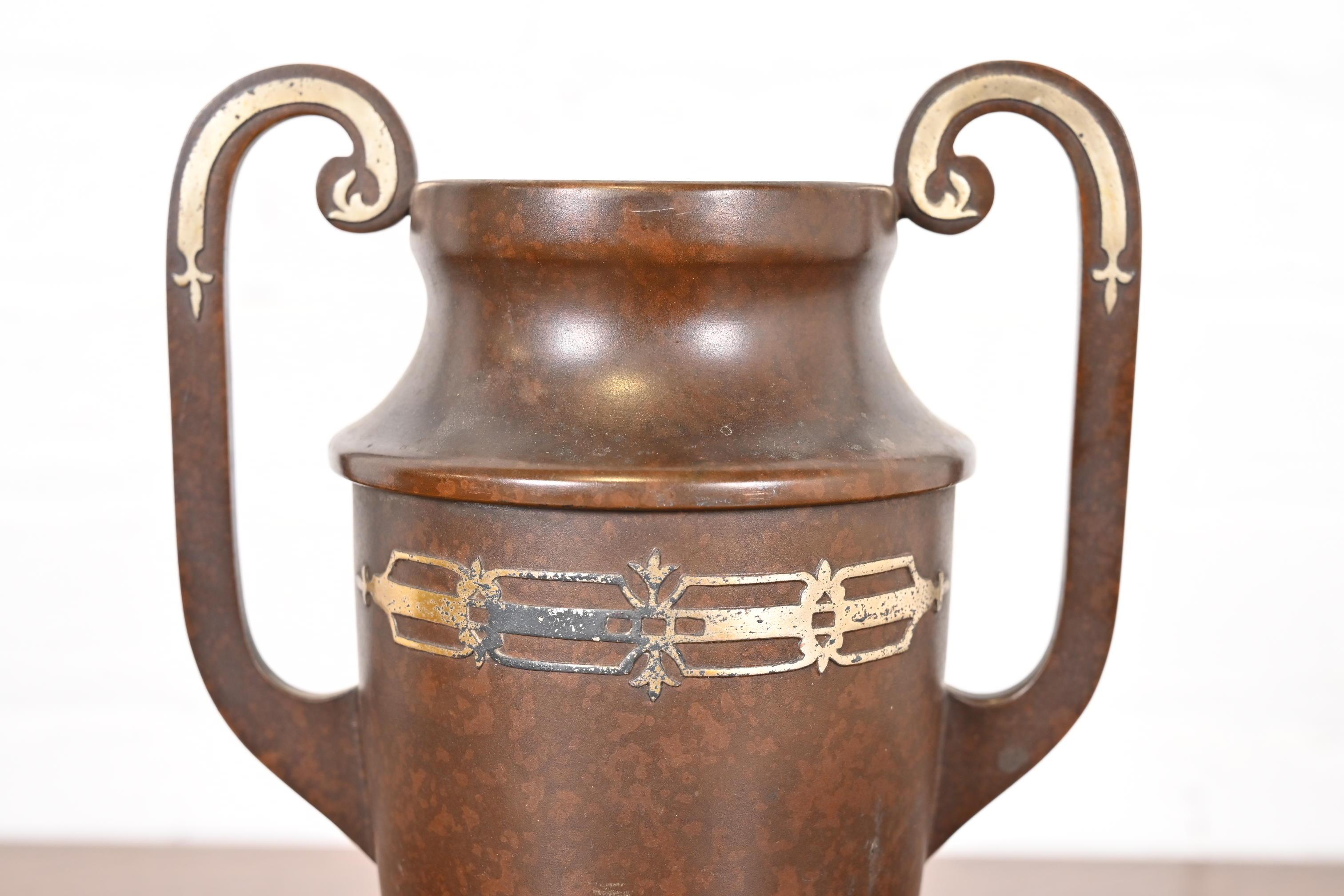 20th Century Heintz Arts & Crafts Sterling Silver on Bronze Amphora Vase For Sale
