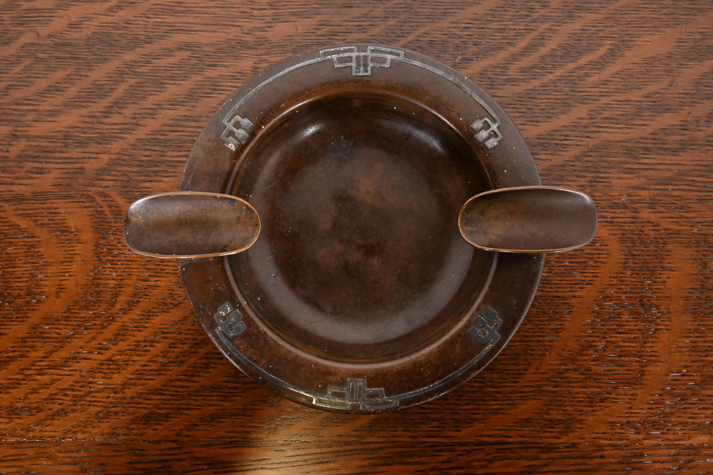 Heintz Arts & Crafts Sterling Silver on Bronze Ashtray In Good Condition For Sale In South Bend, IN