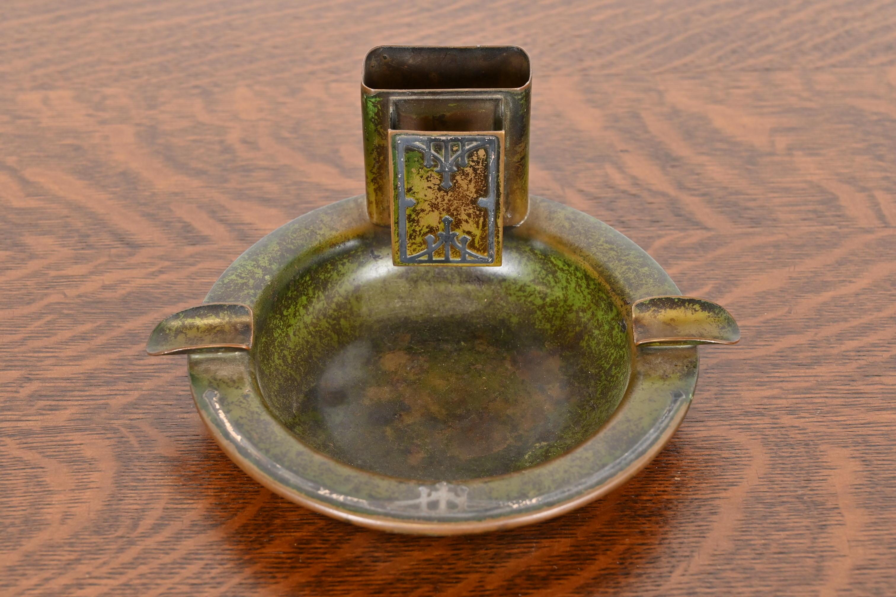 Arts and Crafts Heintz Arts & Crafts Sterling Silver on Bronze Ashtray With Match Box Holder